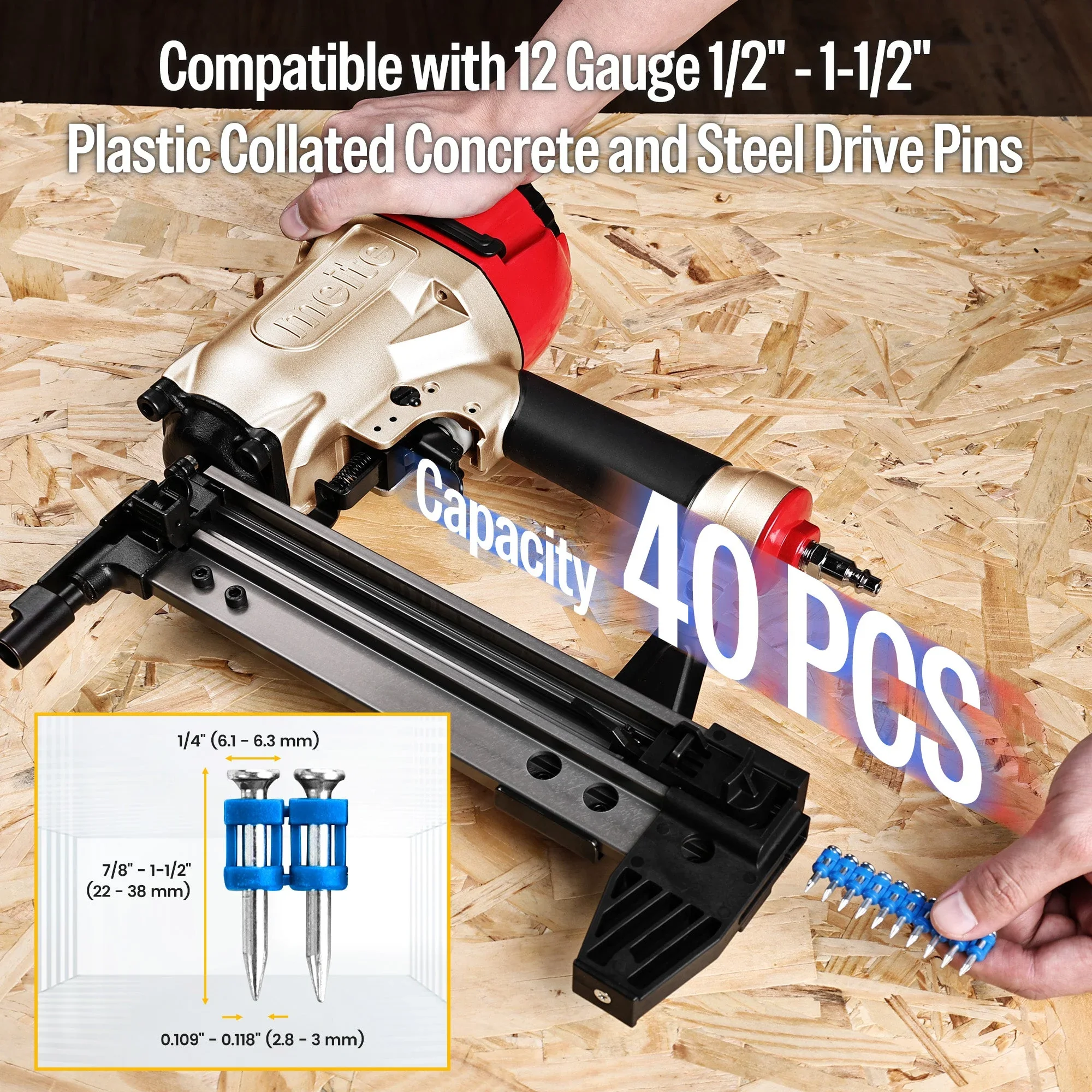 MEITE MTCS3040L Pneumatic Concrete and Steel Pinner 12Gauge 1/2 to 1-1/2 Length Concrete Nailer