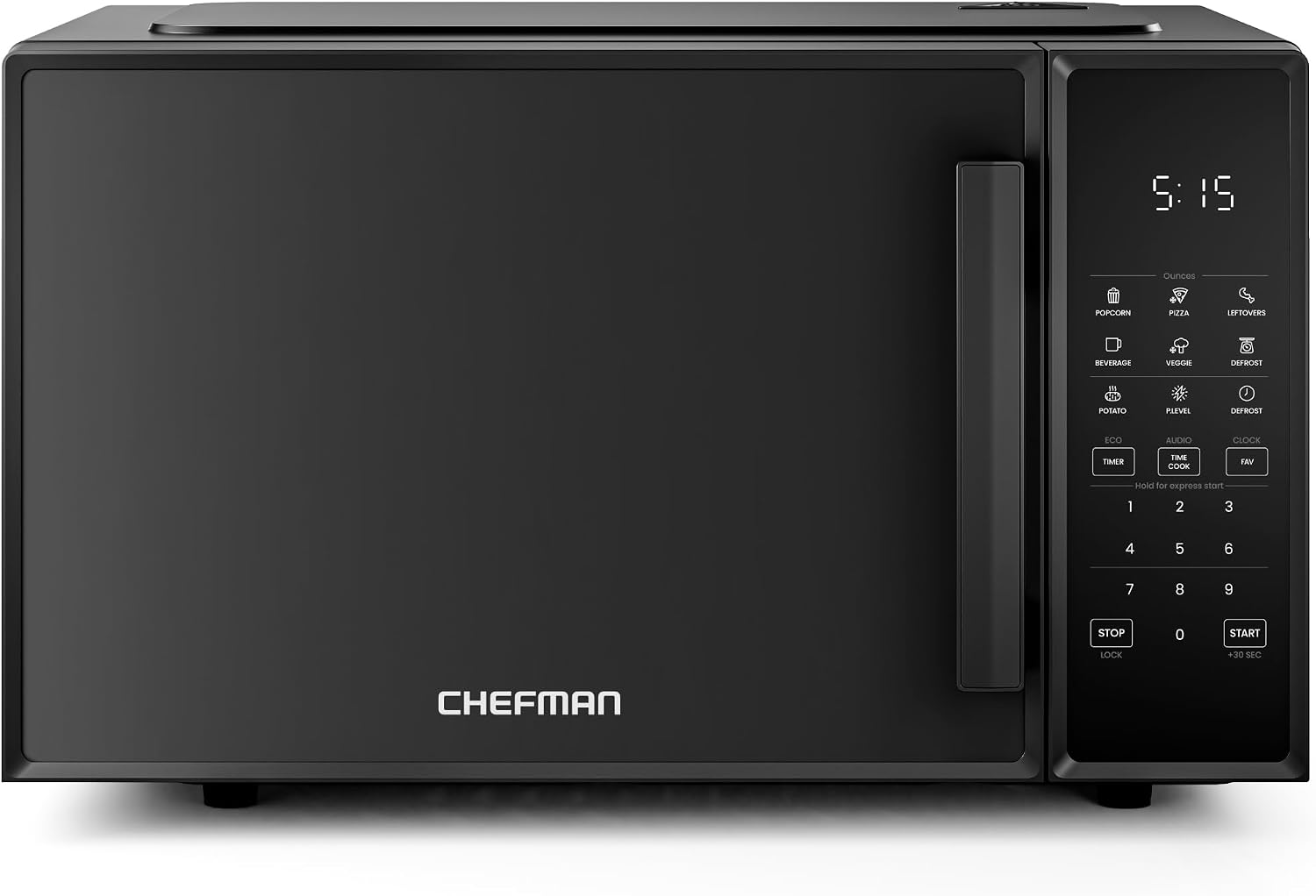Chefman Countertop Microwave Oven 0.9 Cu 900 Watts with 10 Power Levels, 6 Cooking Presets with One-Touch Express Cook, Eco Mode, Child Safety Lock, & Mute Button - Black