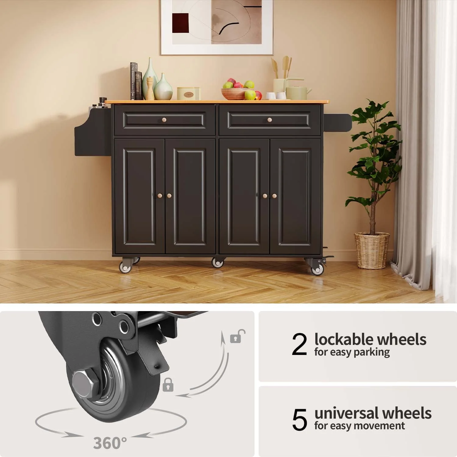 Kitchen Island with Storage, Kitchen Island Cart with Drop Leaf, Black(Black) Image 8