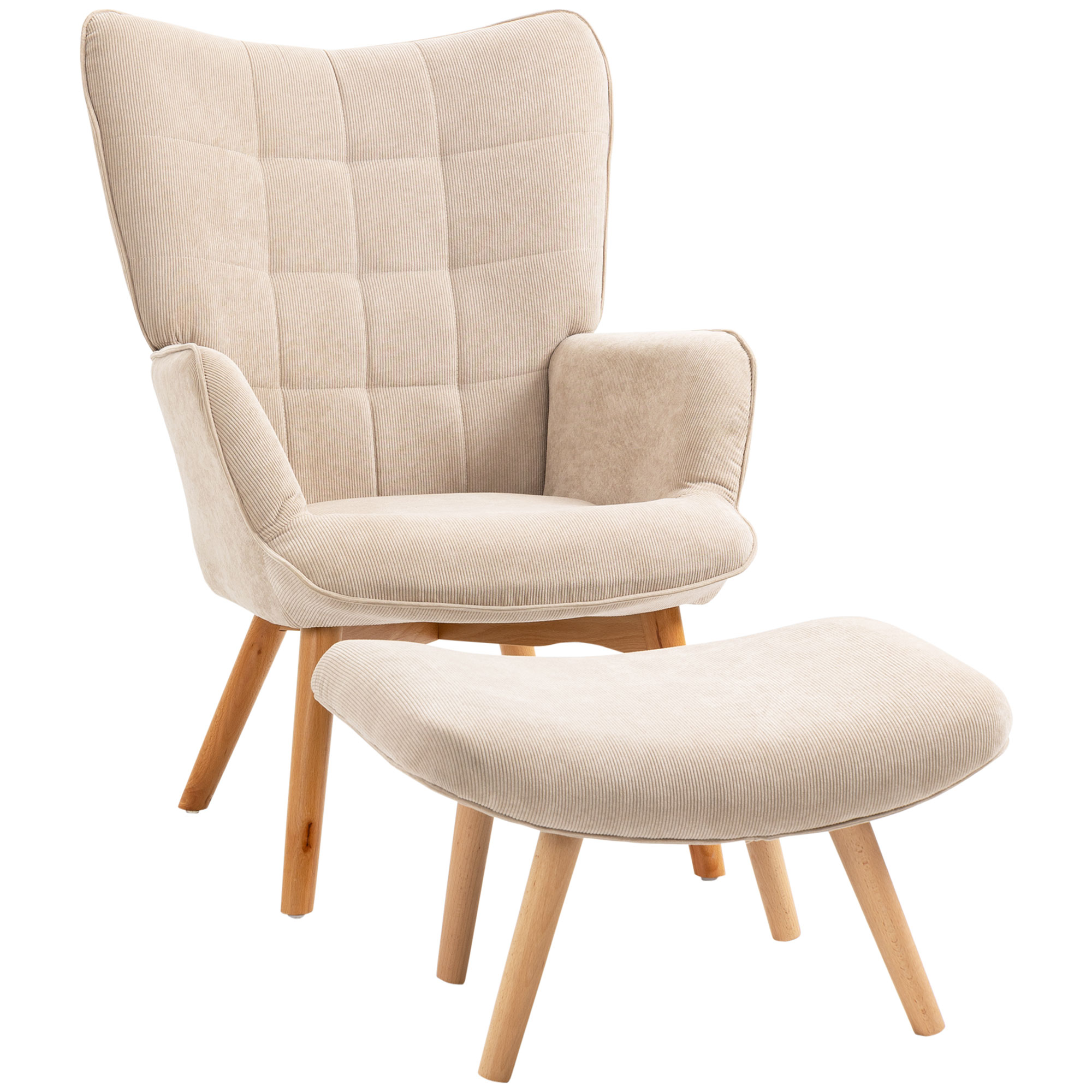 HOMCOM Fauteuil met Scandinavisch accent, voetenbank, fauteuilset, beukenhout, corduroy-look, beige
