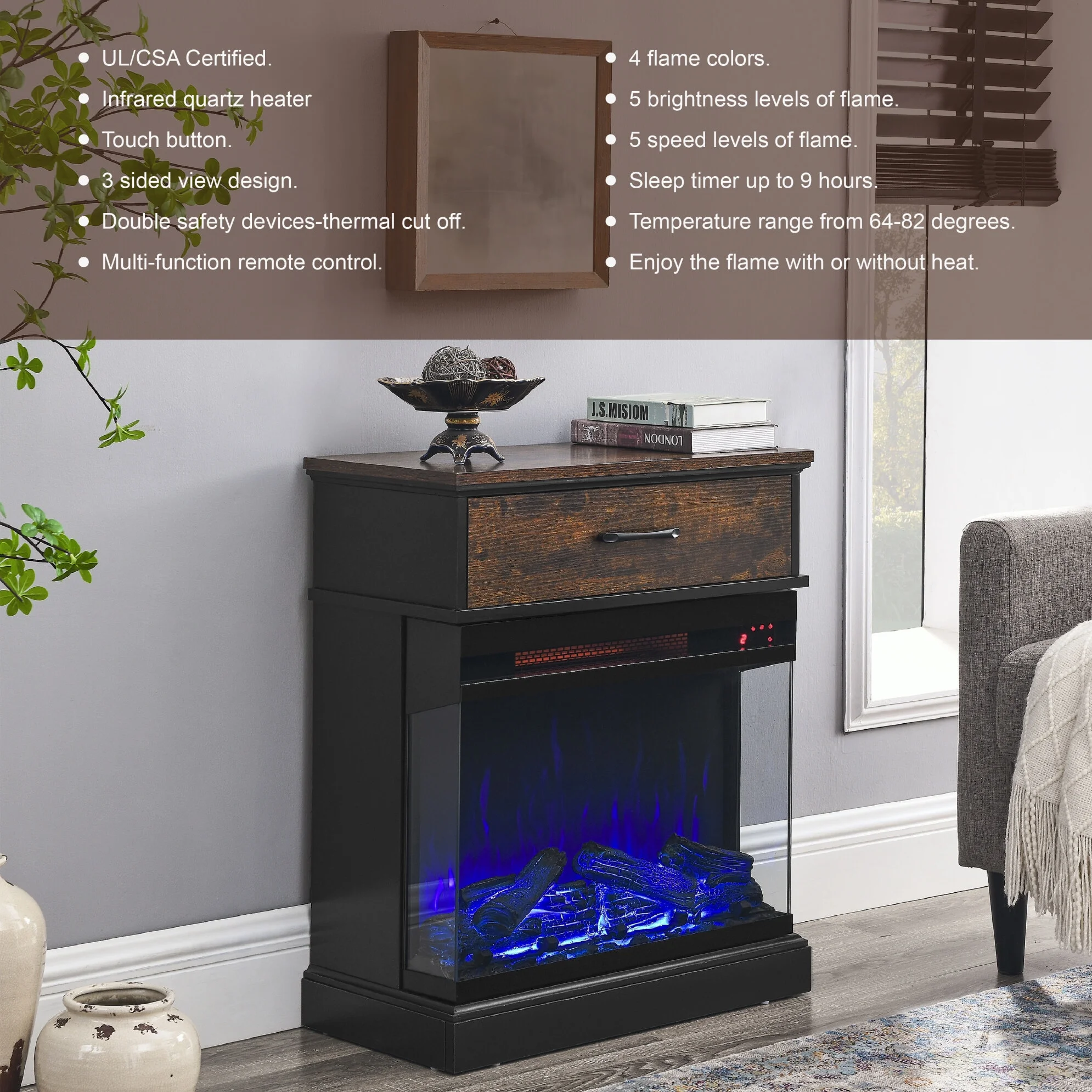 Electric Fireplace Stove, 1500W Wall Mountable Fireplace Heater Freestanding with 3-Sided View, 3D Flame Effect, Adjustable Brightness & Heating Mode, Overheat Protection, Thermostat