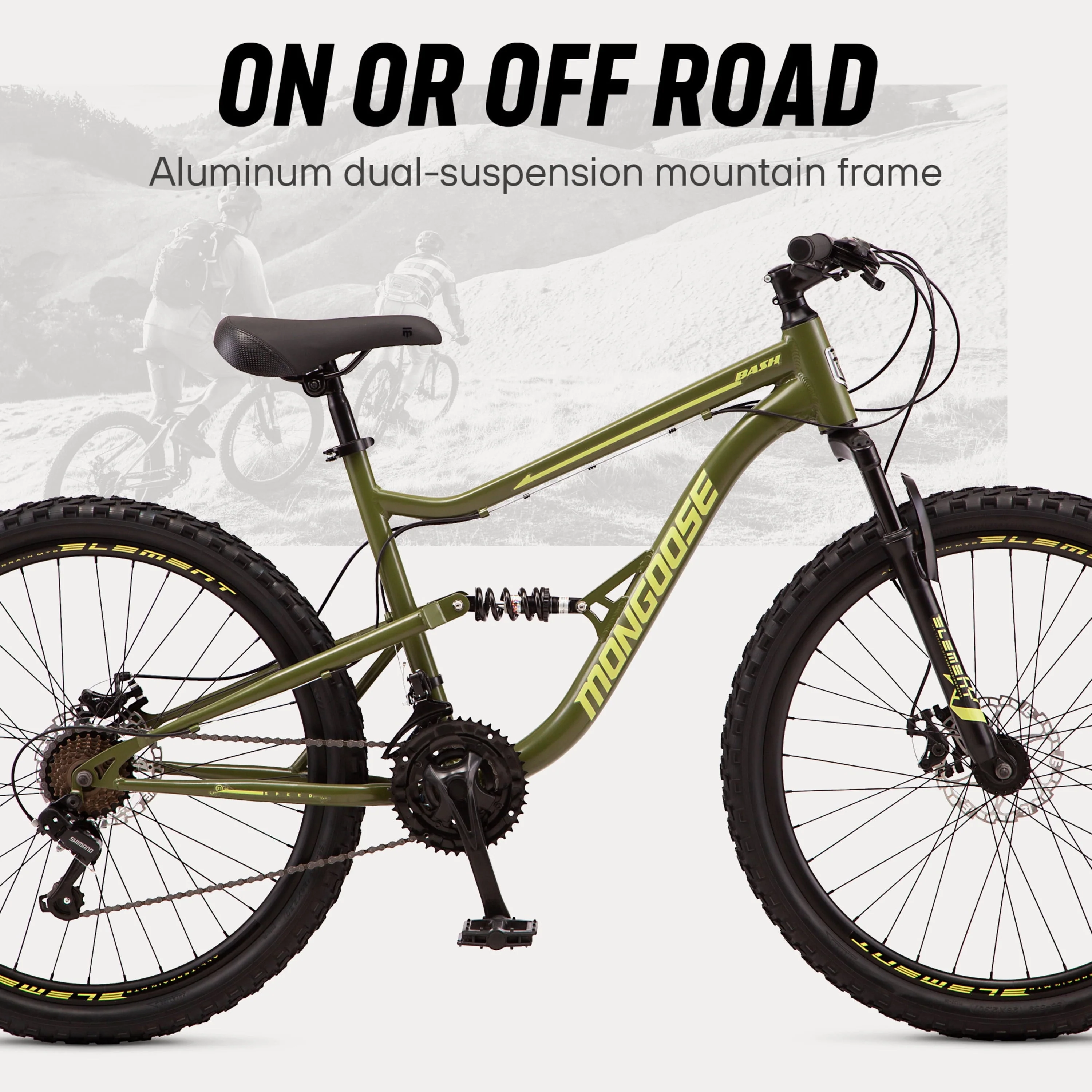 Mongoose Bash Suspension Mountain Bike, 21 Speeds, 26 - Inch Wheels, Green