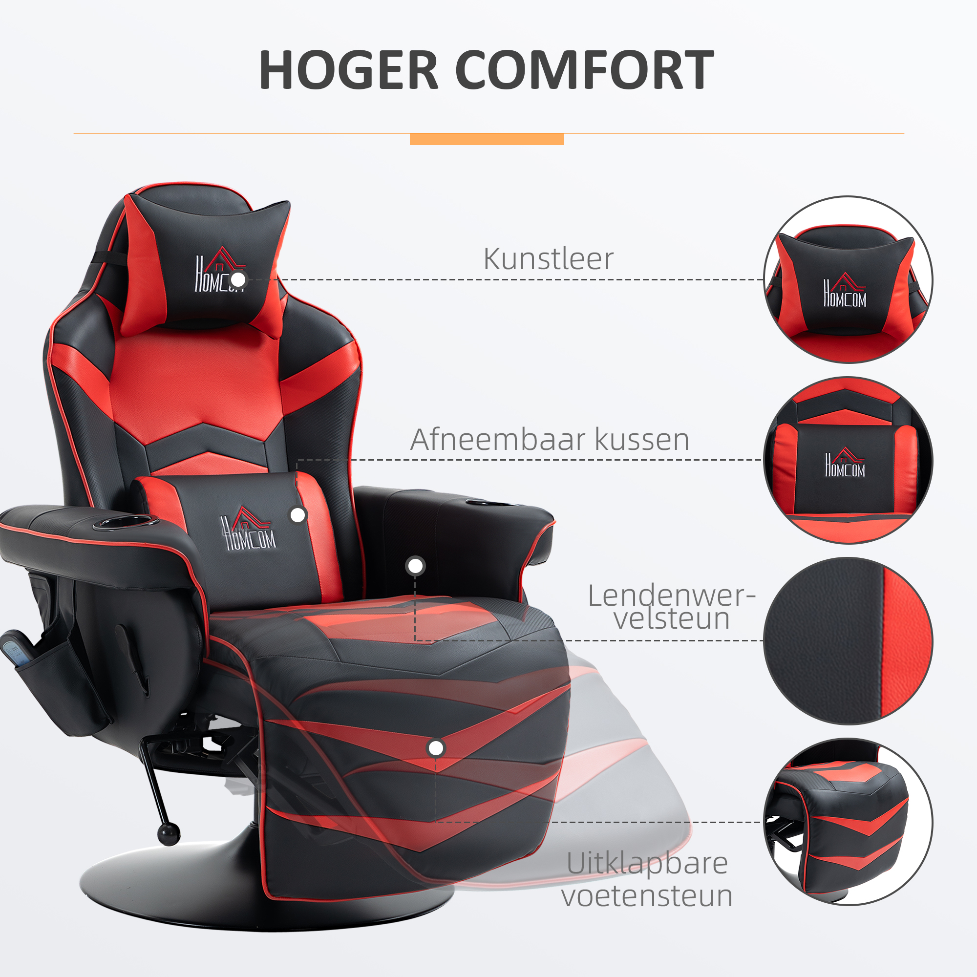 HOMCOM Gaming-stoel met massagefunctie, inclusief voetensteun, ligfunctie, rood + zwart.