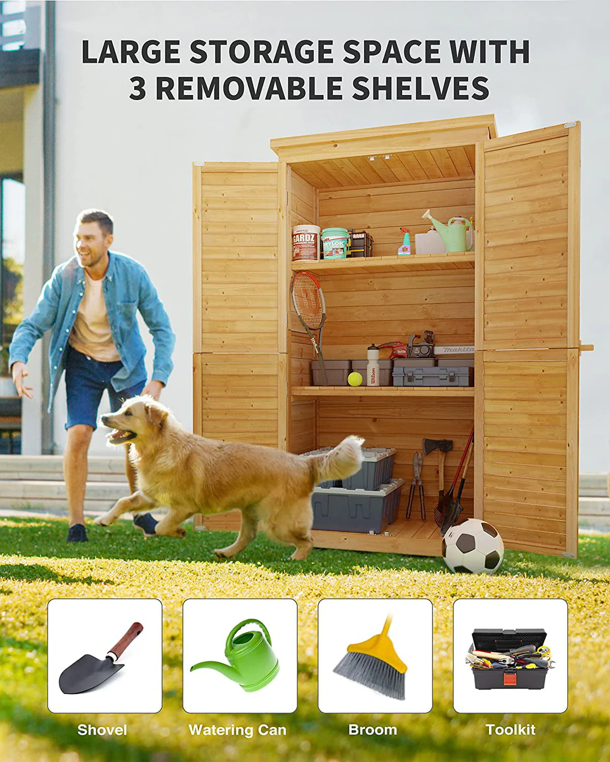 Lofka Outdoor Storage Cabinet Garden Shed w/ Asphalt Roof, Wooden, Natural(Gray) Image 5