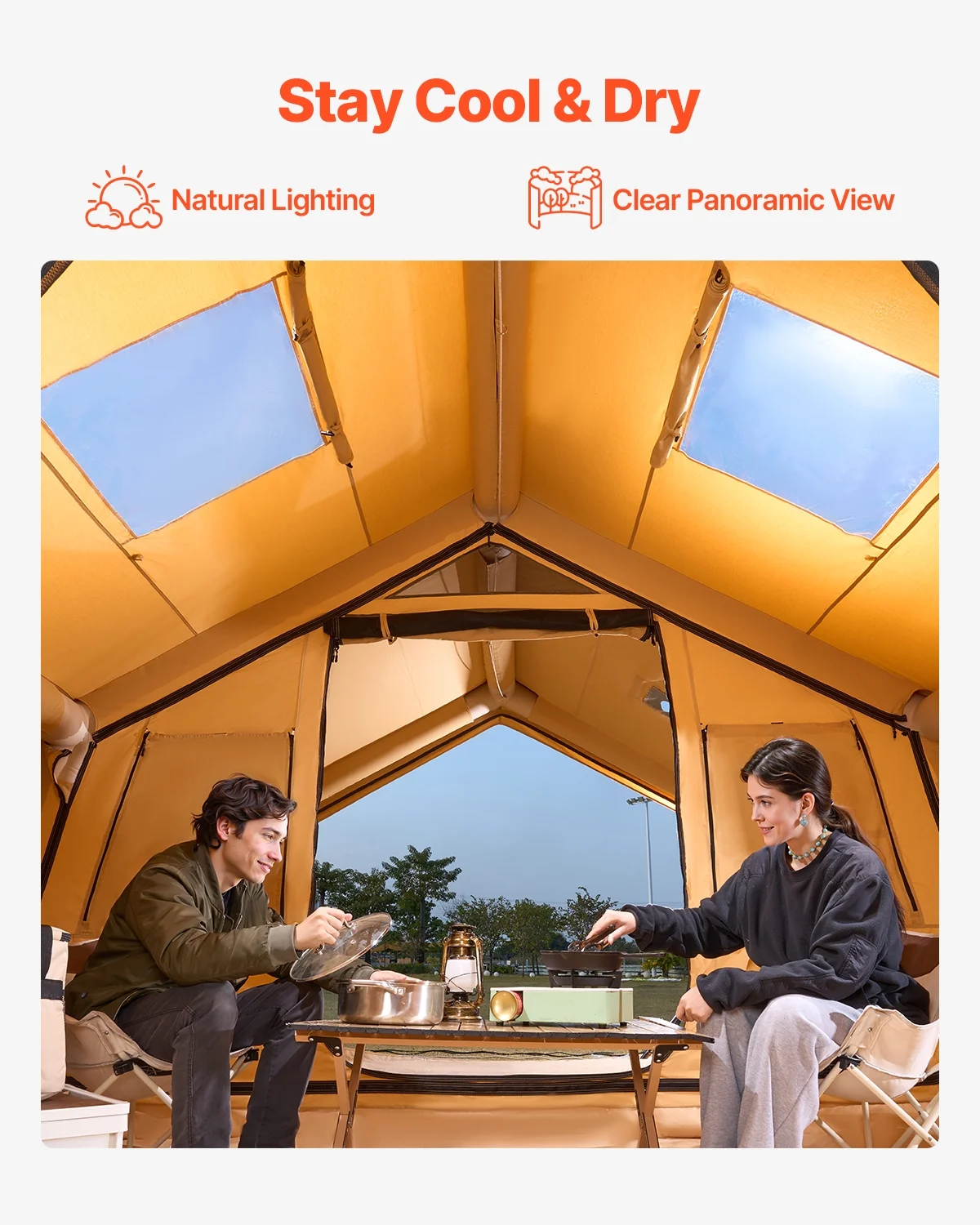 VEVOR Inflatable Tents for Camping, 8 - 12 Person Easy Setup Blow up Tent with Hand Pump, 4 Season Luxury Glamping Tent with 2 Skylights, Canopy, Stove Jack, 2 Doors & Mesh Windows(Include Storage Bag)