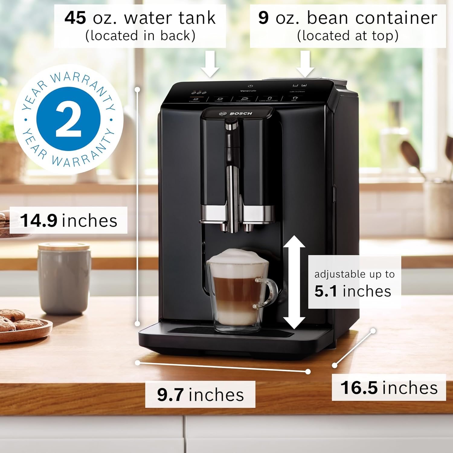 Bosch 300 Series Fully Automatic Espresso and Coffee Machine – One Touch Milk Drinks, Built-In Ceramic Grinder, In-Cup Frother, Easy Clean and Descale, Black TIU20109