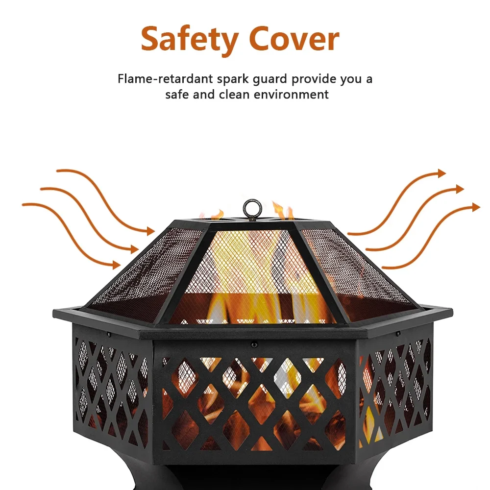 Outdoor Wood Burning Fire Pit, 24 Hexagon Metal Fire Pit for Patio with Poker, Spark Screen, Hex Shaped Fire Pit BBQ Grill, Garden Firepit Stove for Camping Picnic Bonfire Backyard, JA2419
