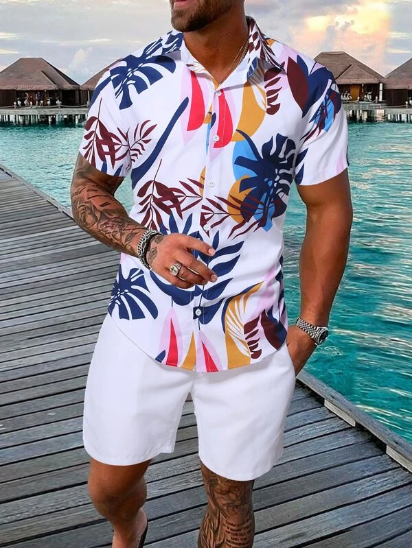 Ensemble chemise à manches courtes à imprimé hawaïen pour homme Suitmens 010