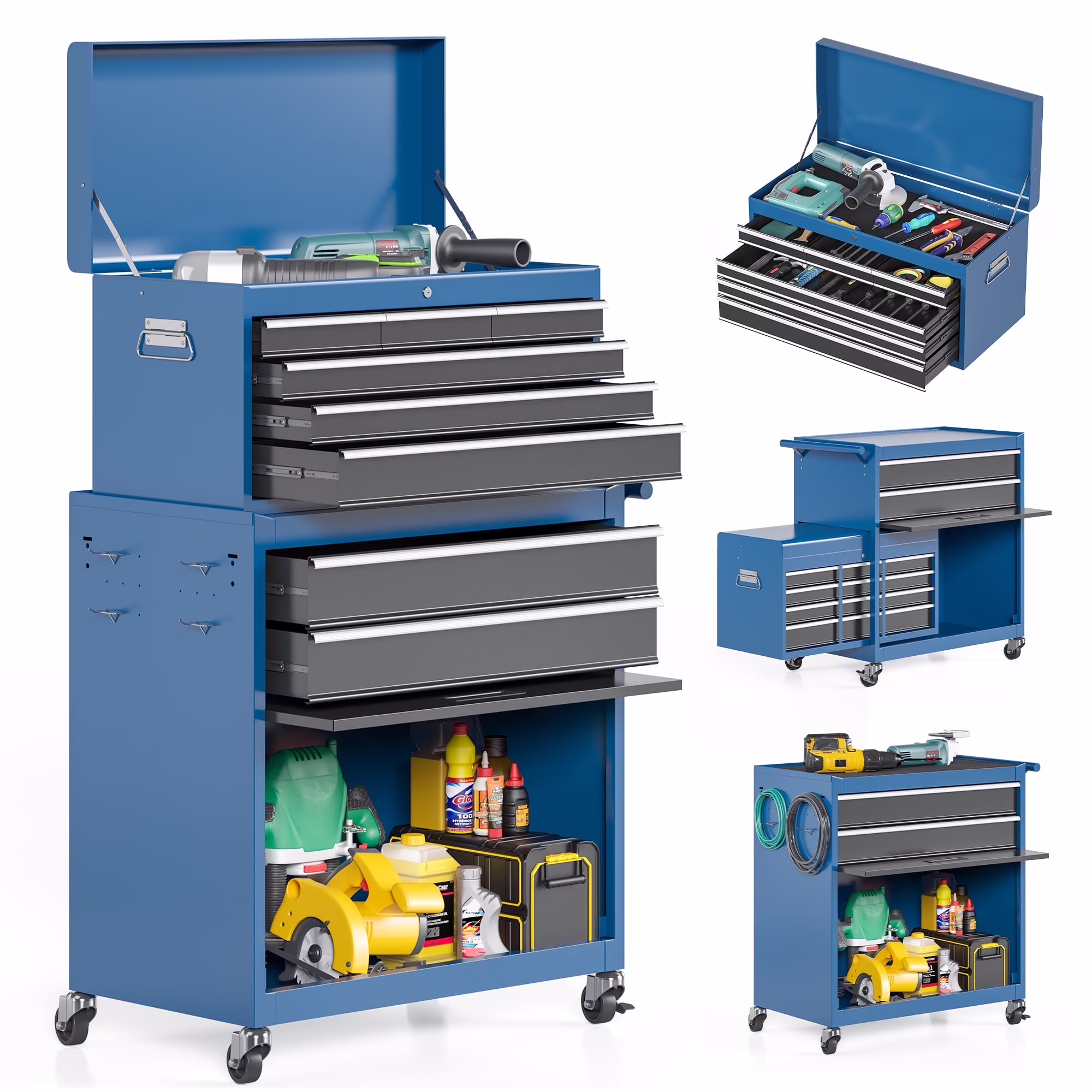 NETAJE Metal Tool Chest, 2 in 1 Steel Rolling Tool Box & Cabinet On Wheels for Garage, Detachable Top Tool Box and Lockable Wheels Metal Tool Cart for Garage, 5-Drawer, Black