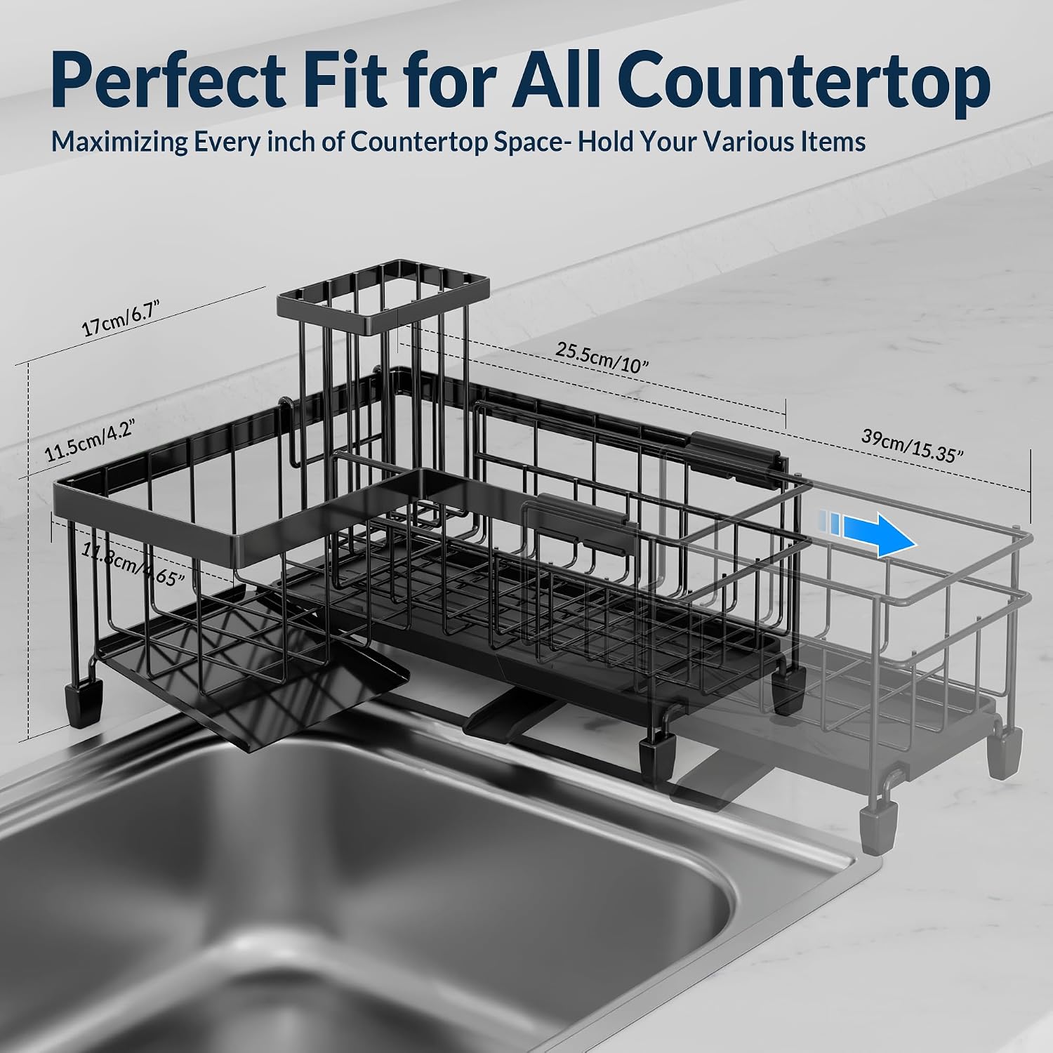 Extendable L-Shaped Sink Caddy Organizer for Kitchen Countertop-Black