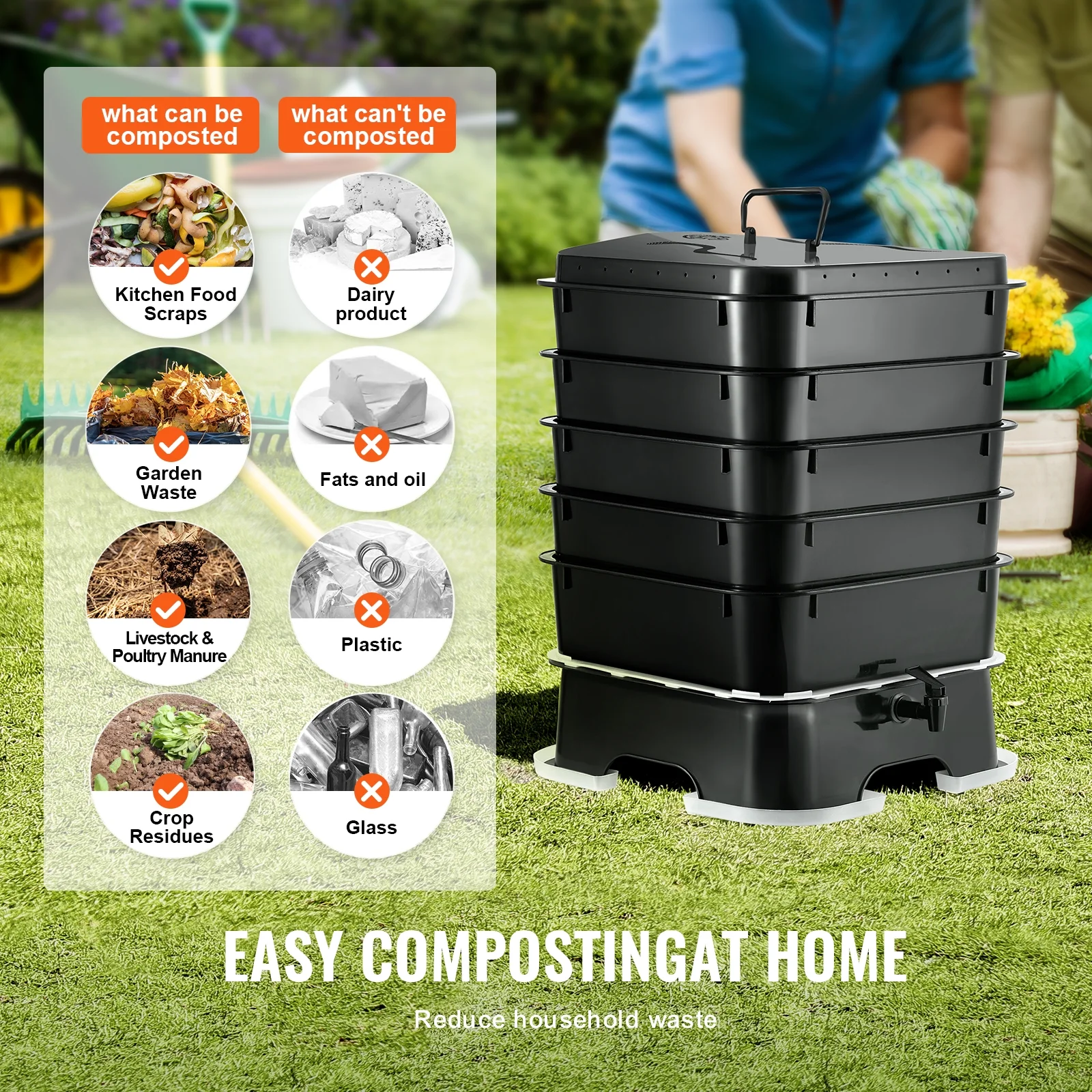 5-Tray Worm Composter 44 QT/50 L Worm Compost Bin Indoor and Outdoor - Image 6