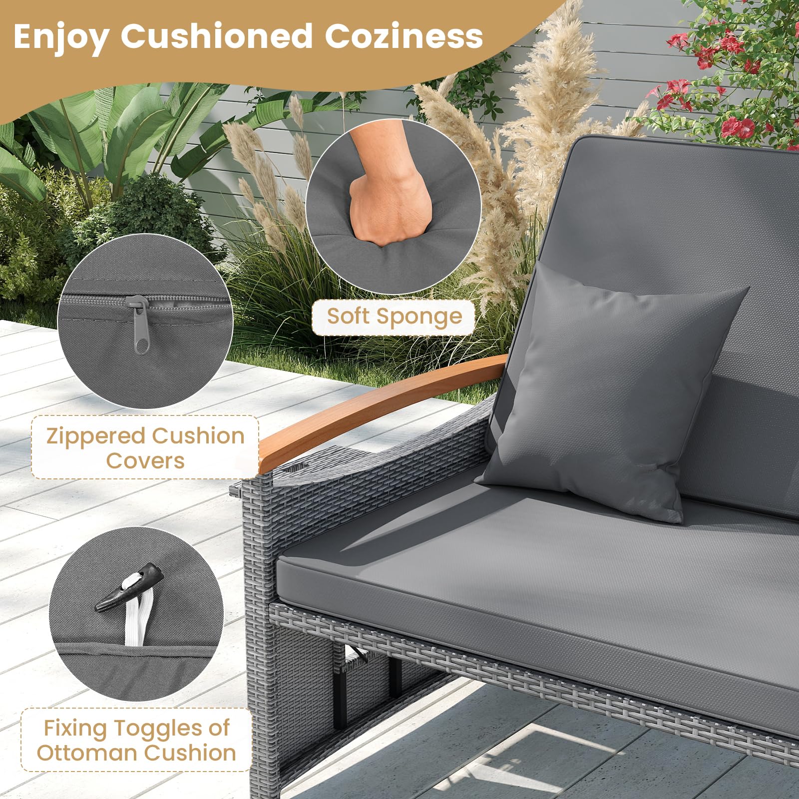 Tangkula Patio Rattan Daybed with 4-Level Adjustable Backrest