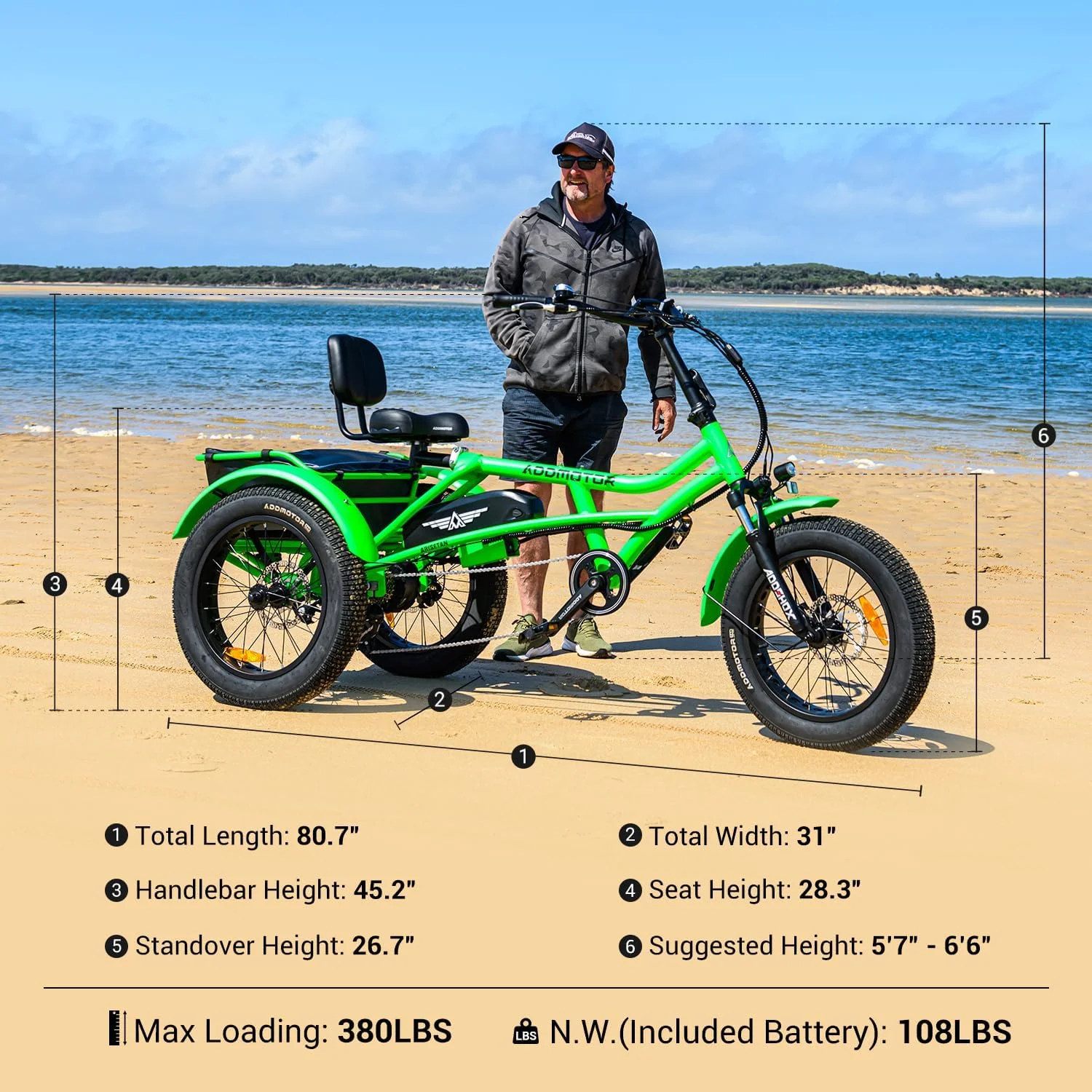 M-360II Semi-Recumbent Electric Trike, 85MI, Fat Tire 3 Wheel Electric Bike for Adults, 750W 48V 20Ah Electric Tricycle for Seniors, 20" Electric Trike with Speed Differential, Green(Standard/Green) - Image 4
