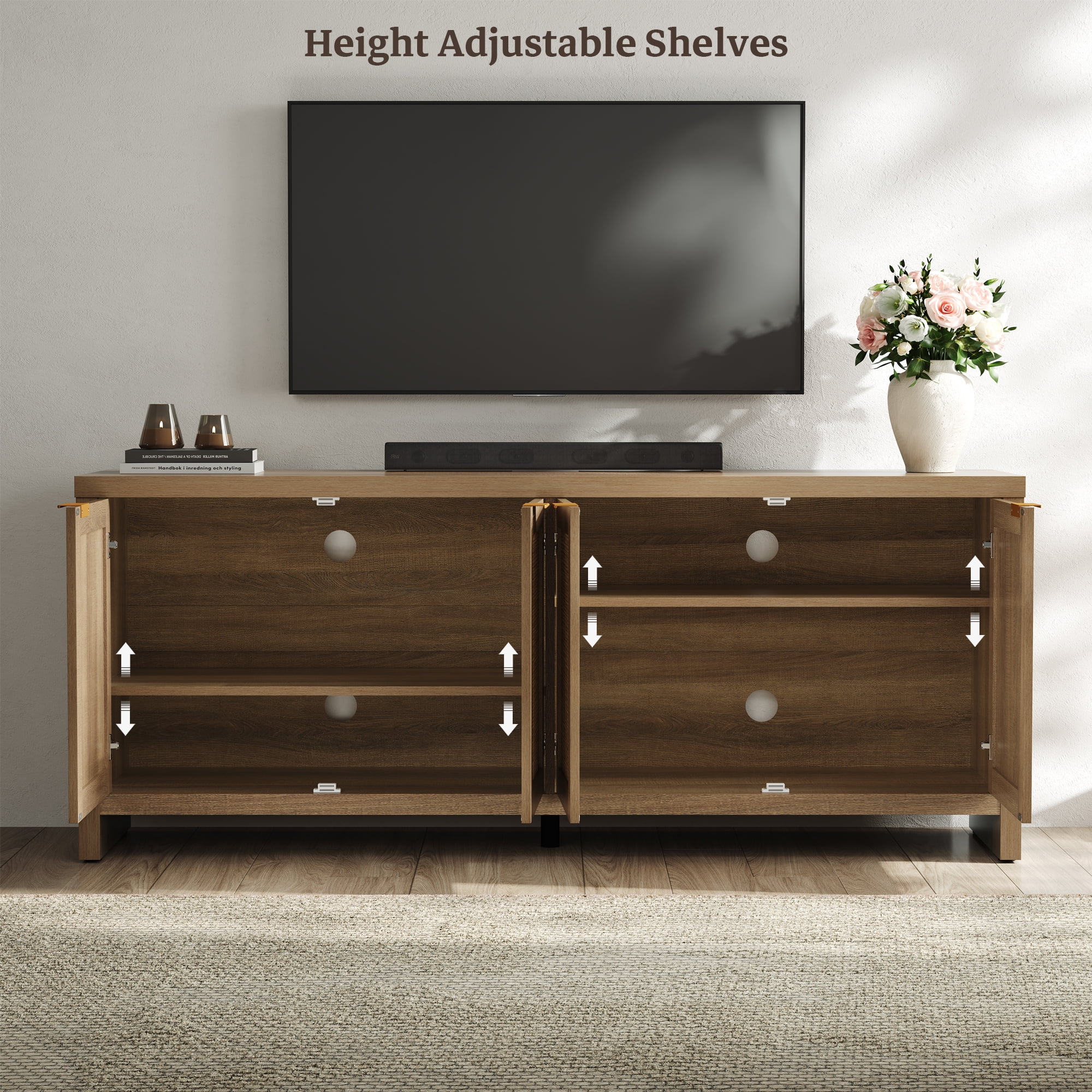 61 5"W Rattan TV Stand with 4 Doors, Boho Entertainment Center with Adjustable Shelves Spacious Countertop �C Large Boho Farmhouse Media Console for Living Room, Reclaimed Caramel Oak(Natural Oak/Single) Image 6