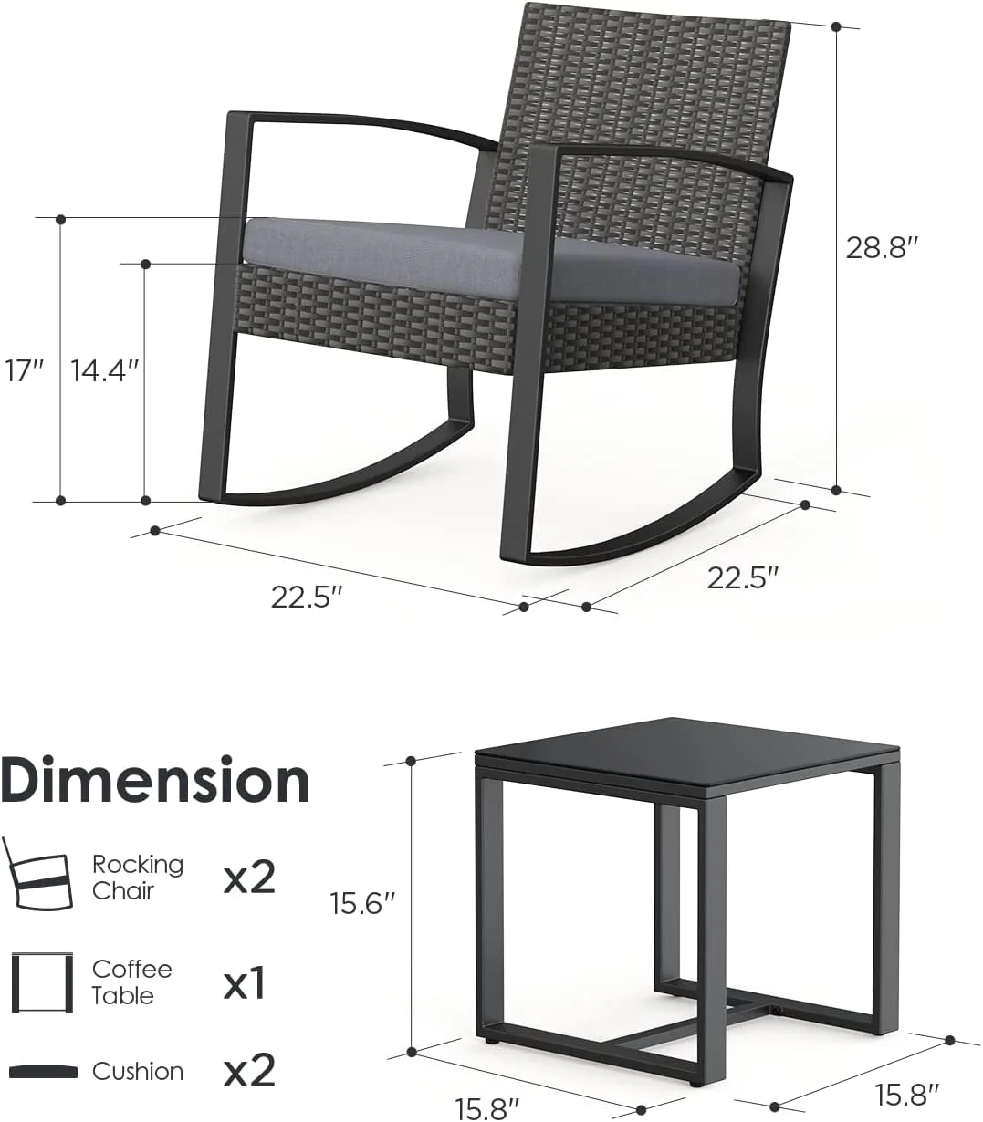 Patio Chairs Set, Outdoor Porch Balcony Furniture Set with Glass Coffee Table, Patio Rocking Wicker Chairs Set with Gray Cushion(Upgraded)(Gray) Image 10