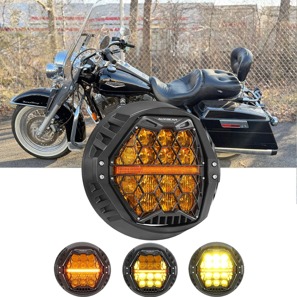 7 Inch 120W DOT Motorcycle LED Headlight Assembly with Amber DRL & Honeycomb Design (Hi/Lo Beam) for 1996-2006 Road King EFI FLHRI