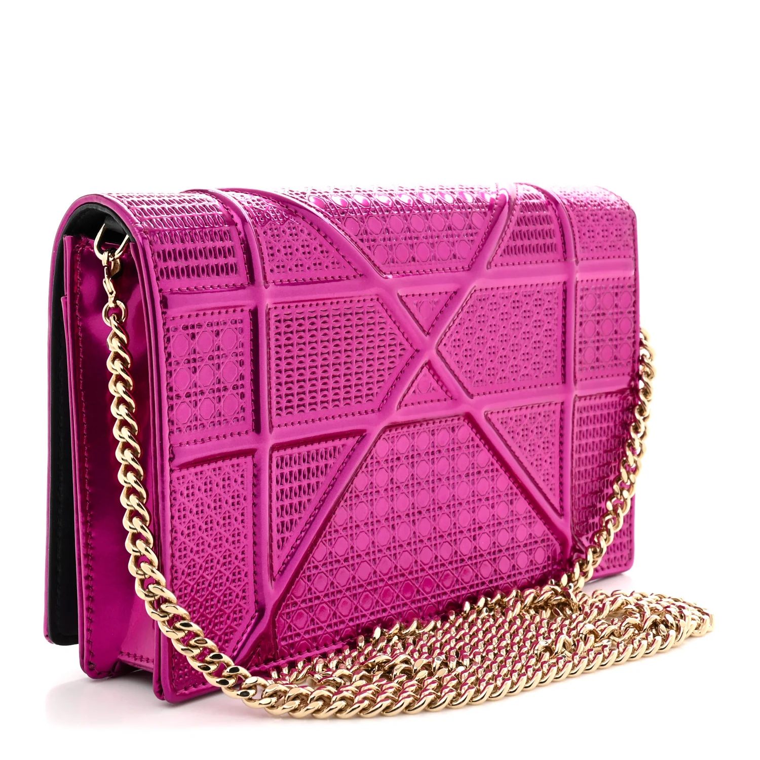 Metallic Patent Micro-Cannage Diorama Wallet on Chain Pouch Pink