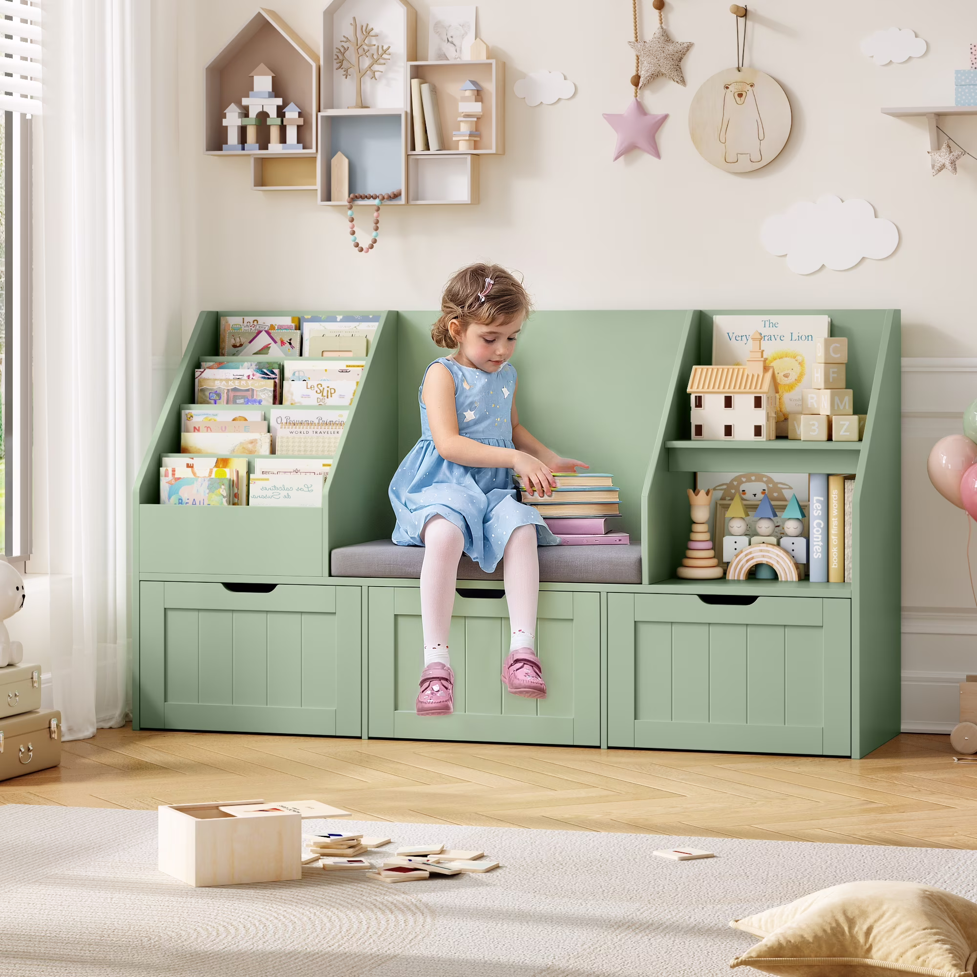 Kids Bookshelf with Reading Nook 3 Movable Drawers, 2 Cube Bookcase with 4-Tier Book Racks, Toy Storage Organizer for Playroom Bedroom, White(White) - Image 5