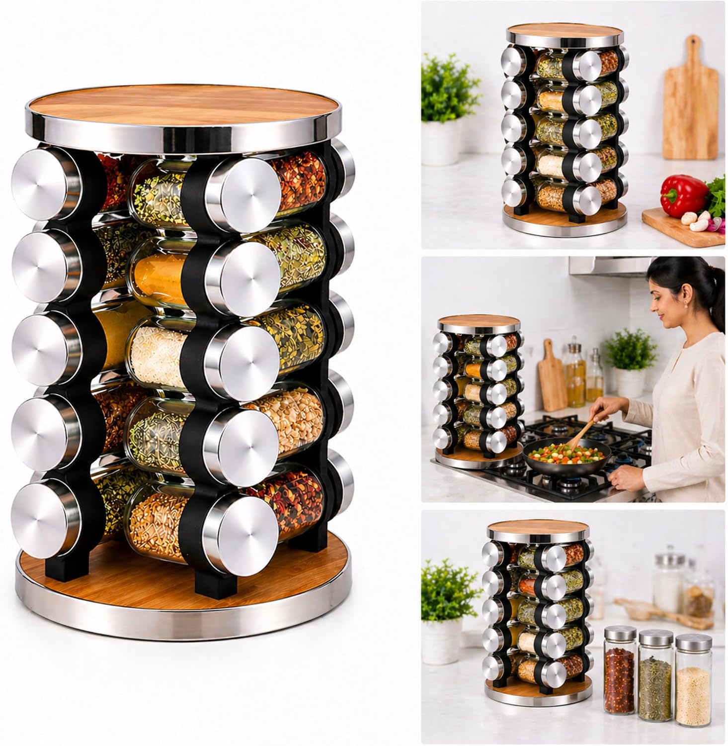 20 Jar Rotating Spice Rack, Wood & Stainless Steel Countertop