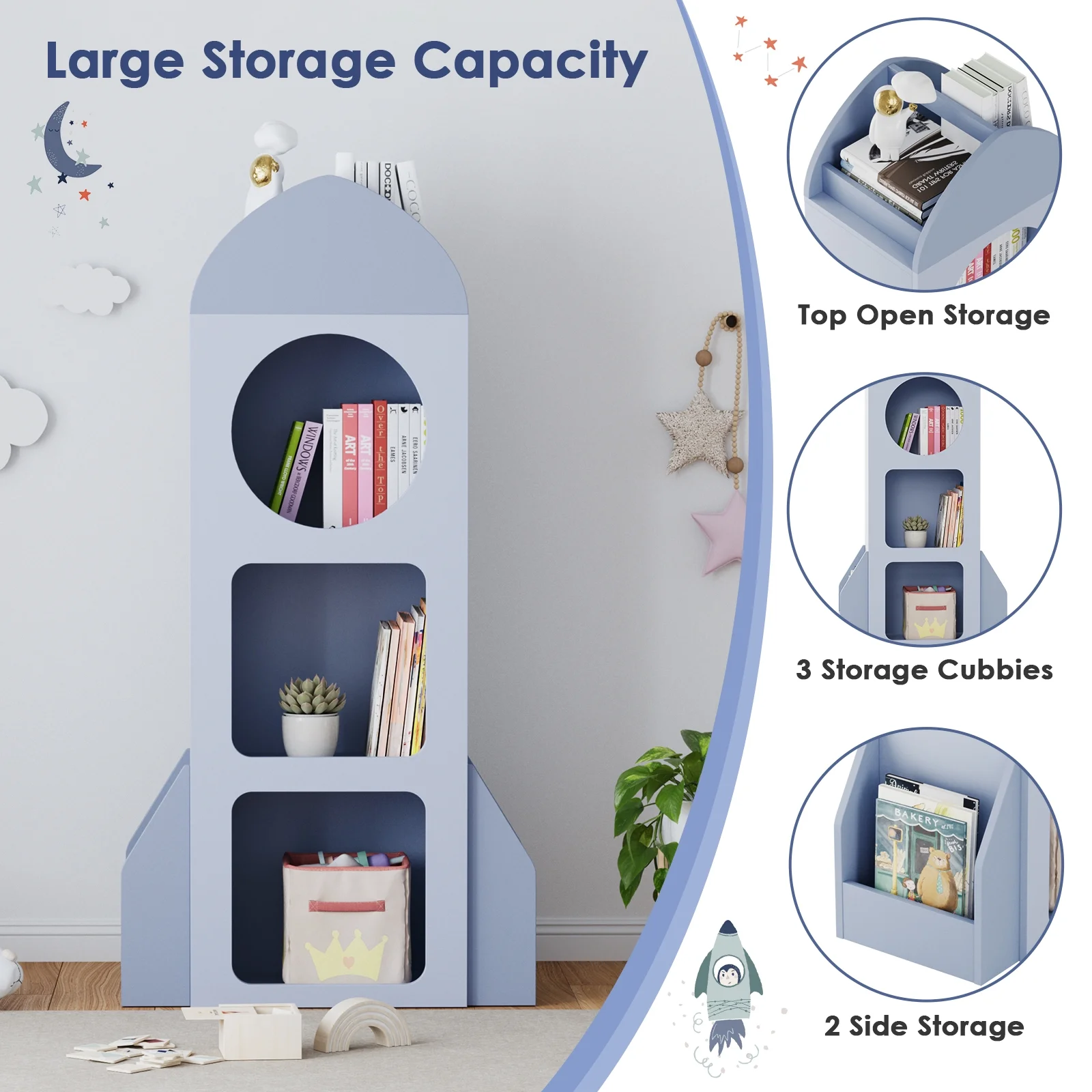Kids Bookshelf 3-Tier Wooden Kids Bookcase with Toy Storage for Bedroom, Playroom, Nursery, Blue(Blue) - Image 8