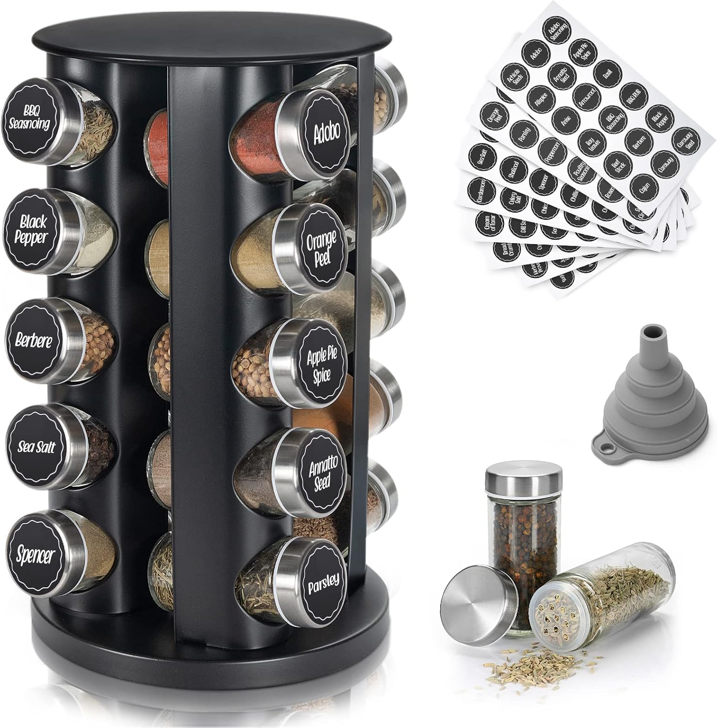 Tianifa Black Countertop Revolving Spice Rack, Empty 20-Jar Rotating Spice Rack Organizer, Round Carousel Tower, 135 Spice Labels with Funnel Complete Set, for Kitchen Countertop, Cabinet