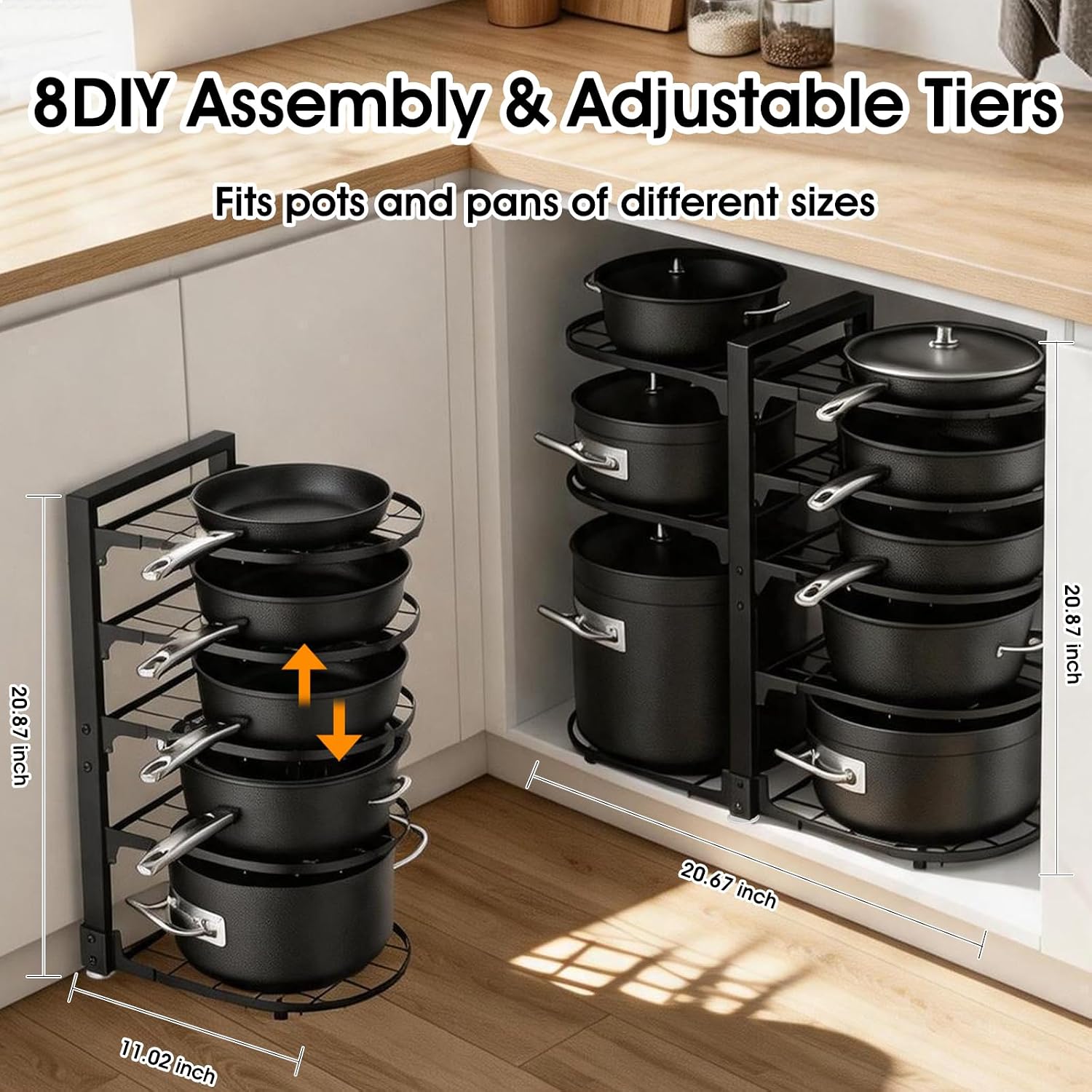 Adjustable Pot Rack: 8 Tier Pan Storage - 120LBS Kitchen Organizer