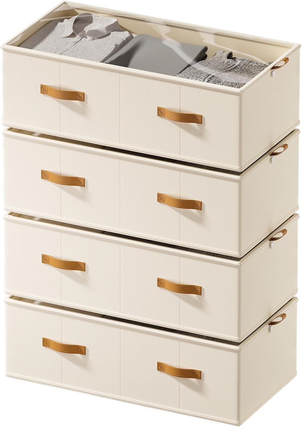 FHSQX 4 Pack Under Bed Storage Bins, 10 Inch Tall, Beige, 31.5x15.8x10 inch