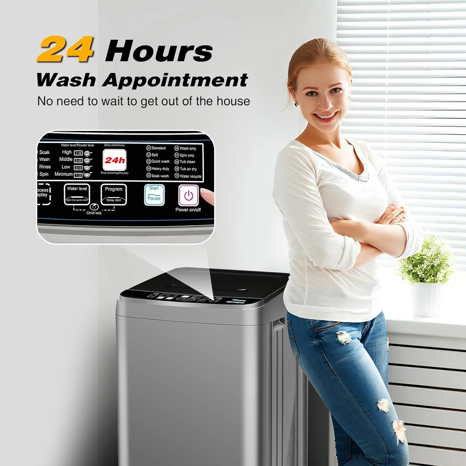 Kcpolre Portable Washing Machine, 25 lb Full Automatic Washer with 10 Programs & 8 Water Levels, Top Load Clothes Washing Machines with LED Display for Home, Apartment, Grey