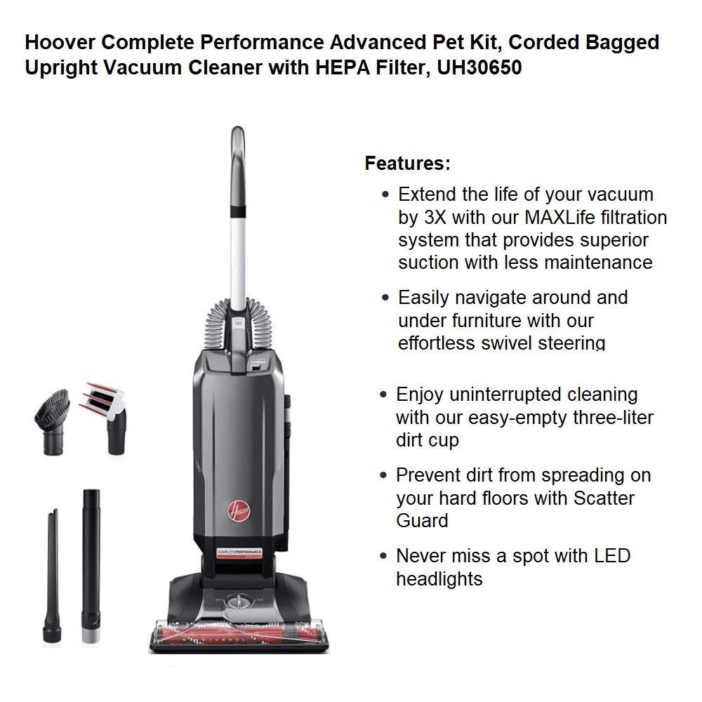 Bagged Upright Vacuum, Advanced Complete Performance, Pet Friendly, Powerful Suction, Extended Reach, 2 in 1 Pet Tool, Dusting Brush, Crevice Upholstery Tool, UH30650PC, Grey(Gray)