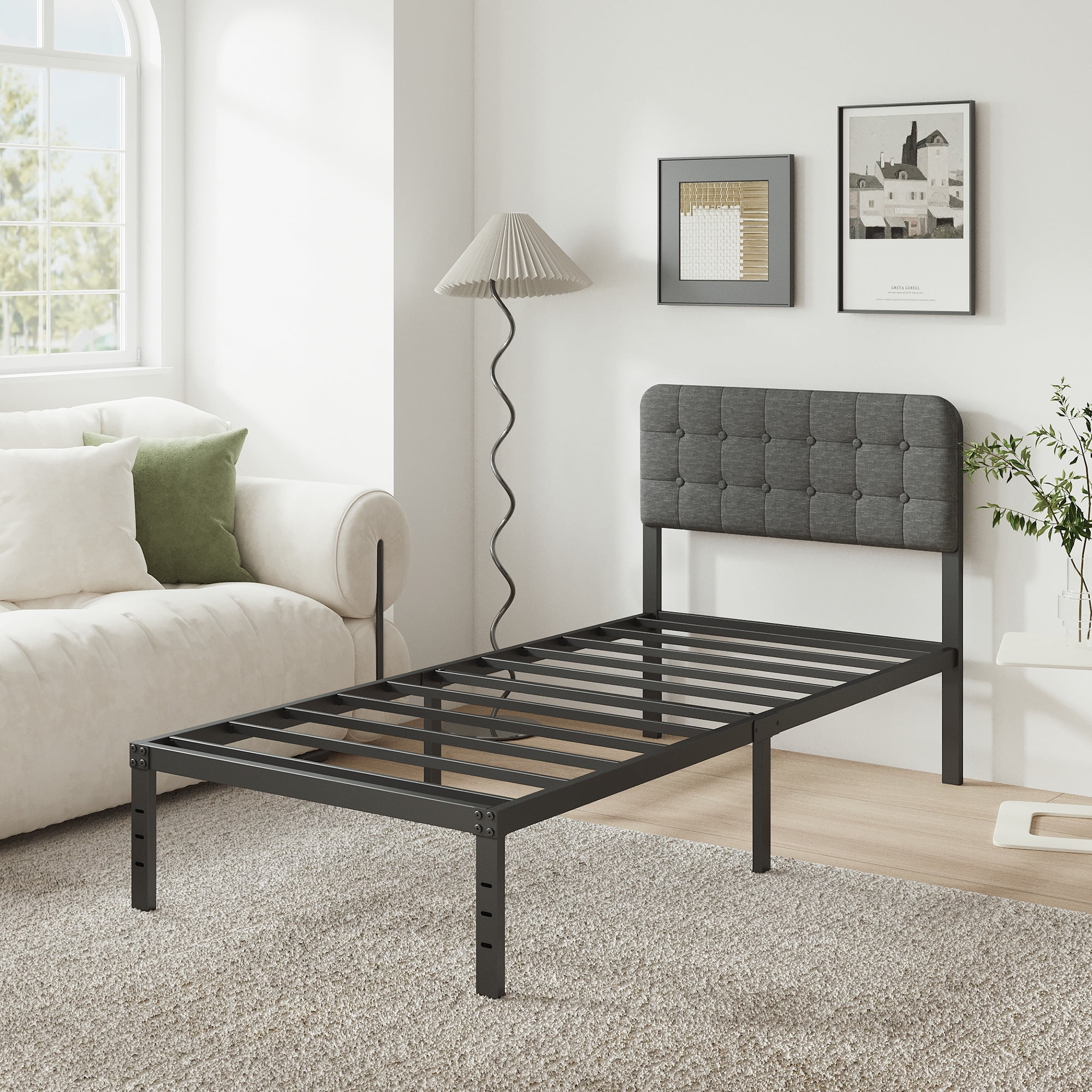 Maenizi Twin XL Bed Frames with Upholstered Headboard, 18 in Twin XL Metal Bed Frame No Box Spring Needed, Heavy Duty Metal Slats, Noise Free, Easy Assemble, Grey