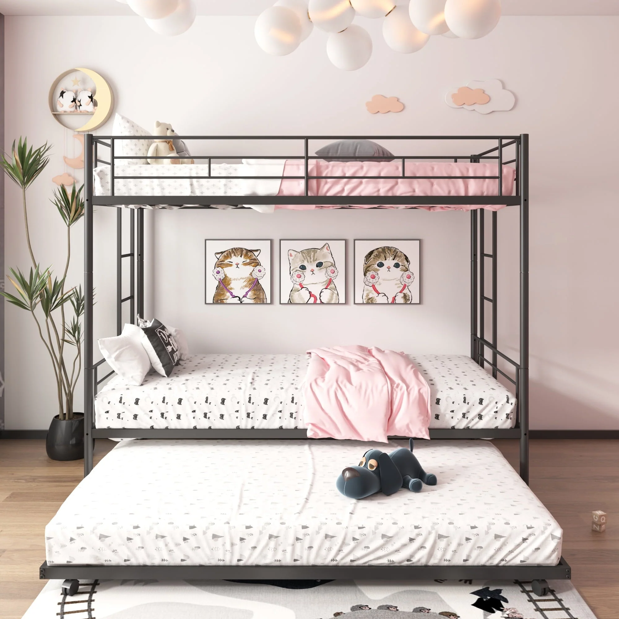 Twin Over Twin Bunk Bed with Trundle, Metal Bunk Beds for Kids Adults Teens, Bed Frame Can Be Divided Into 2 Twin Beds with 2 Side Ladders, Metal Support Slat, Safety Guard Rail, Black