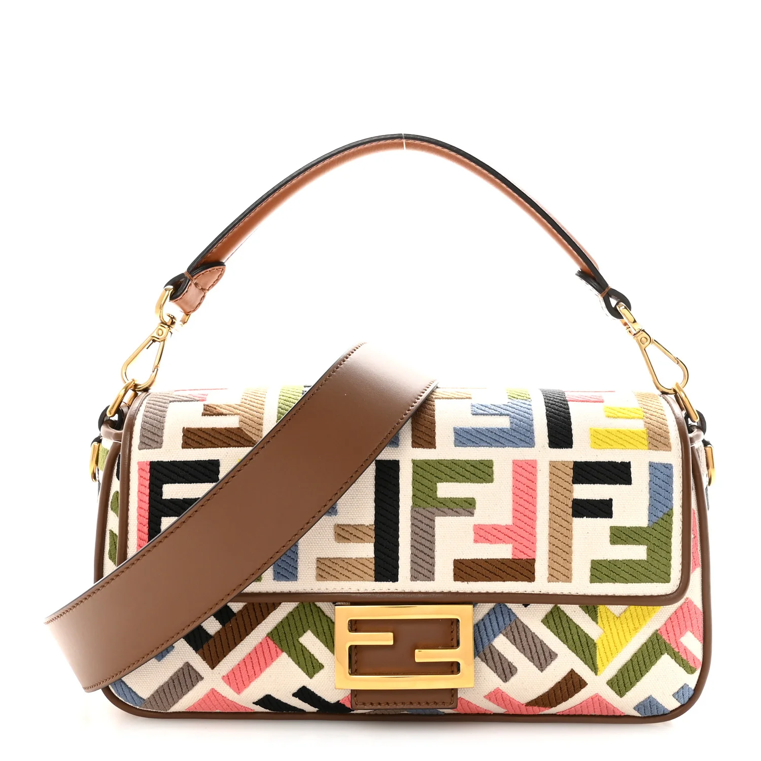 Canvas Ricamo Vitello King FF Multicolor Embroidered Baguette Grezzo Multicolor Gianduia