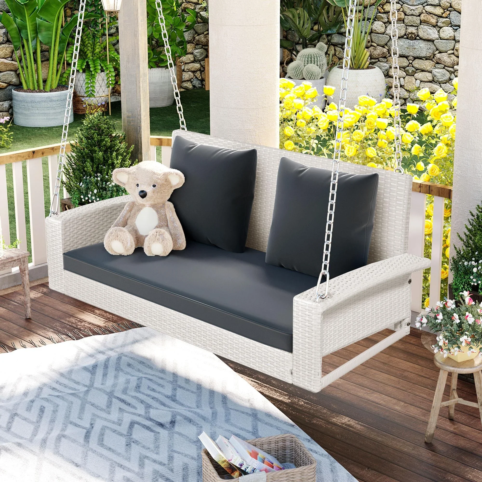 SEGMART 2 Person Wicker Hanging Porch Swing, Front Porch Swing Outdoor Chair with Soft Cushions and 2 Rustproof Steel Chains, Rattan Swing Bench for Deck, Backyard, Garden, Gray