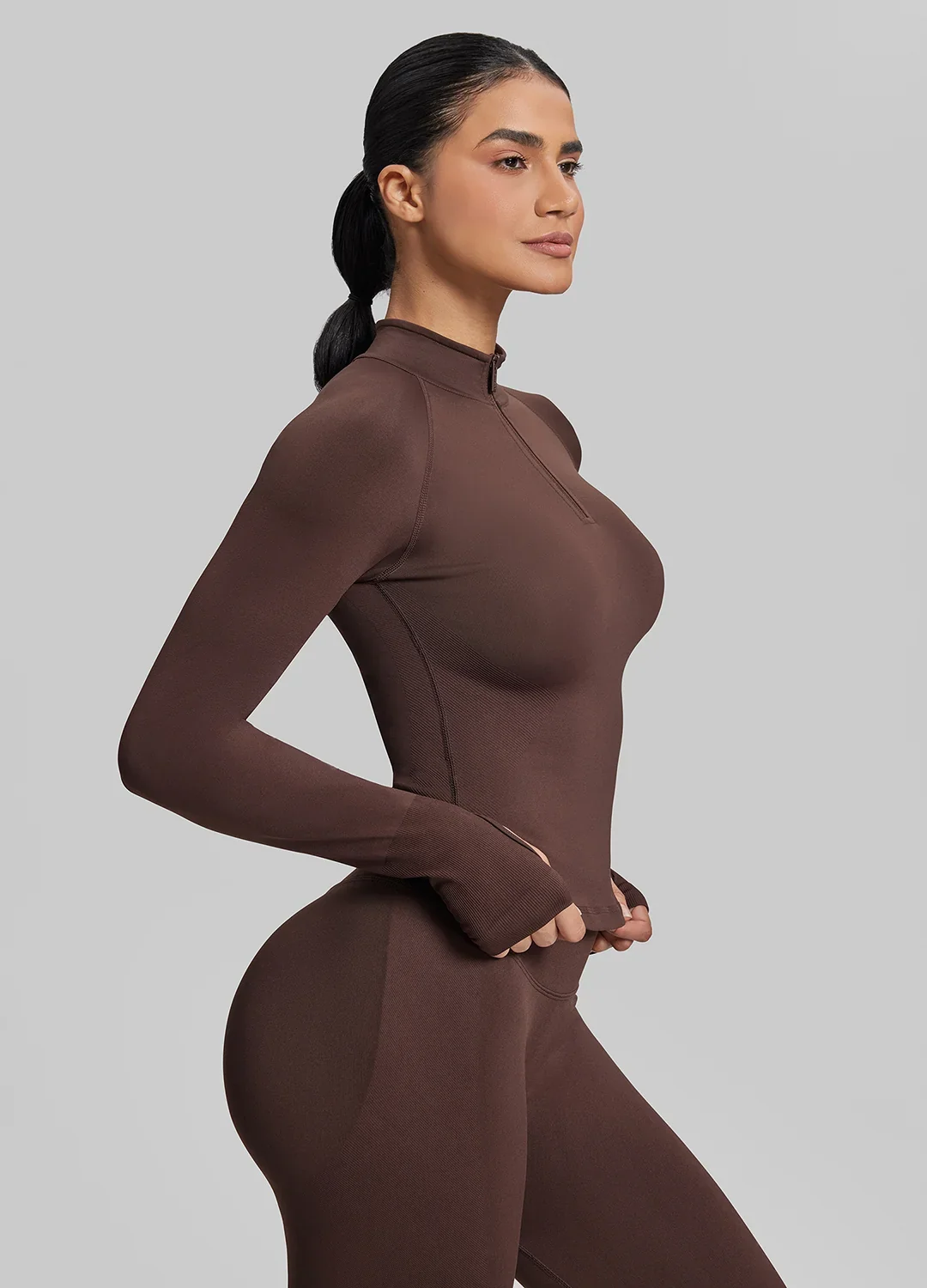 SculptMe Longline Form-Fitting Seamless Thumb Hole Twill Knit Half-Zip Top