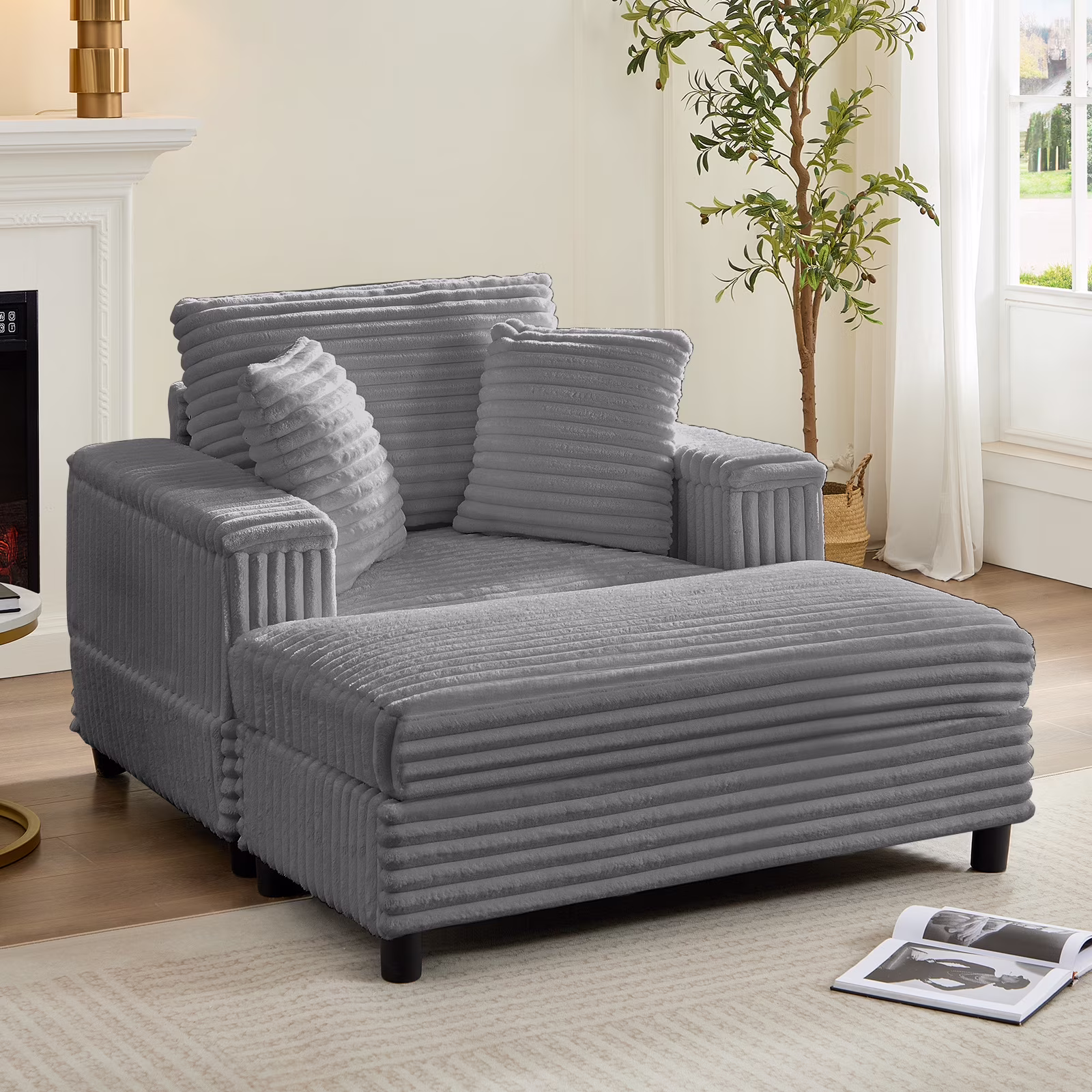 44" Modern Corduroy Accent Armchair with Storage Ottoman for Living Room, Black(Black) - Image 7