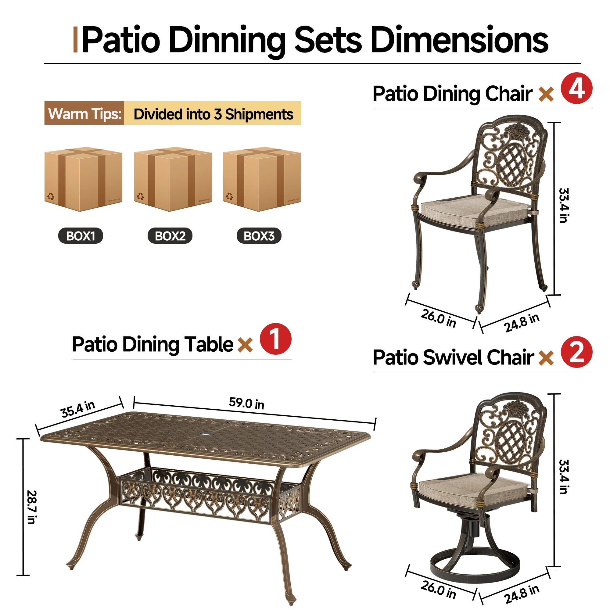 7-Piece Patio Furniture Dining Set, All-Weather Cast Aluminum Outdoor Table and Chairs for 6, Includes 4 Dining Chair 2 Swivel Chairs 60���� Rectangular Table, Beige(6/Beige/Fixed+Swivel) - Image 10