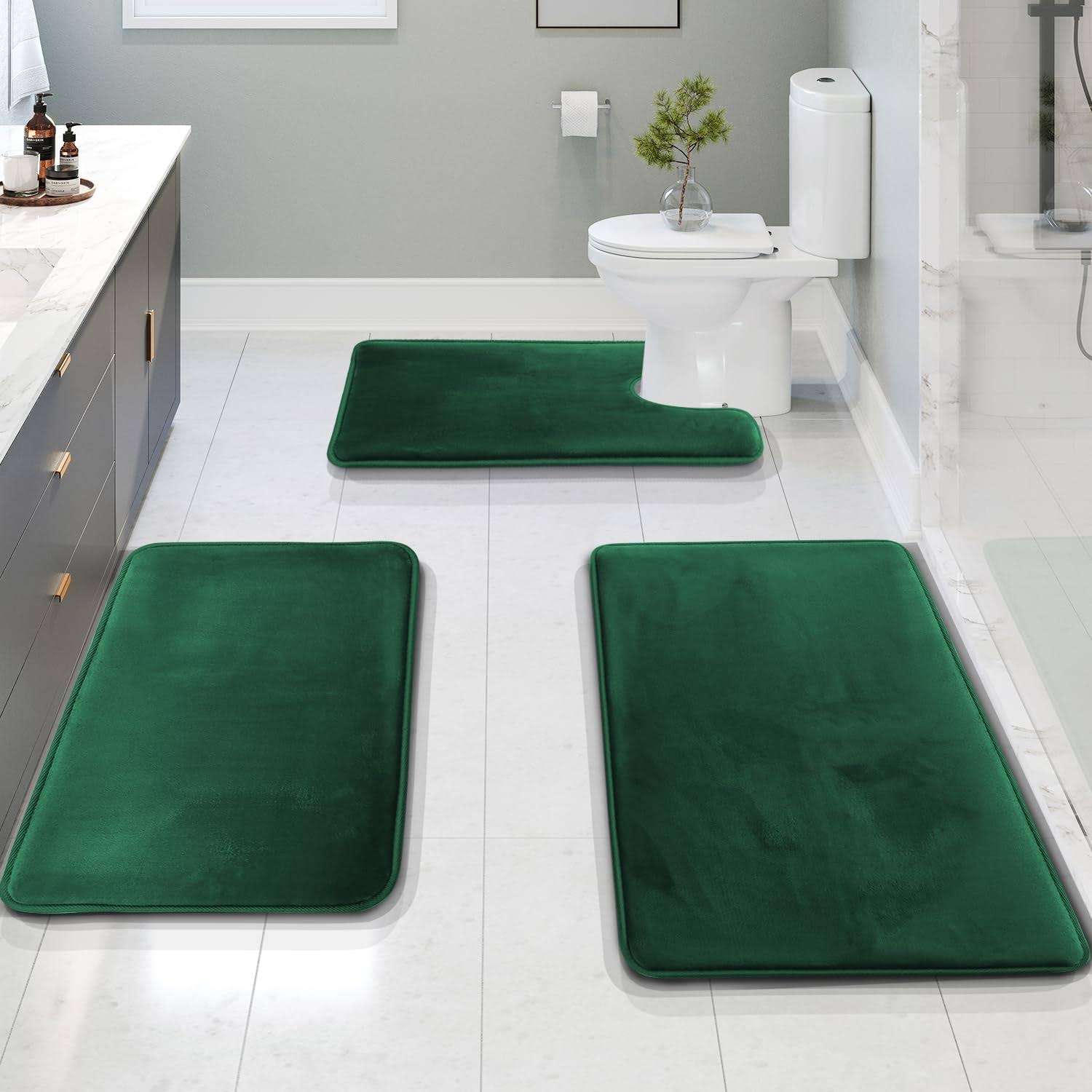 Clara Clark 3 Piece Ultra Soft Non-Slip Plush Memory Foam Bath Rug Set - Small, Large & Contour - Hunter Green