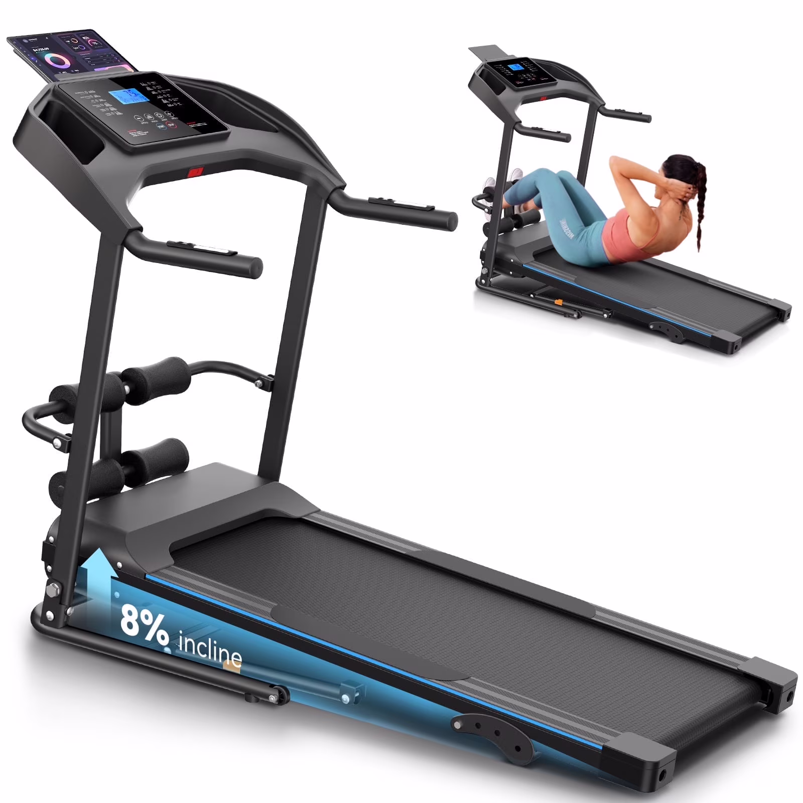 Treadmill with 8% Incline, 3.0 HP Foldable Compact Treadmill with Sit-up Function, 300 lbs Walking Running Treadmill with LCD Display for Exercise, 12 Programs(Pink-Upgraded) - Image 7