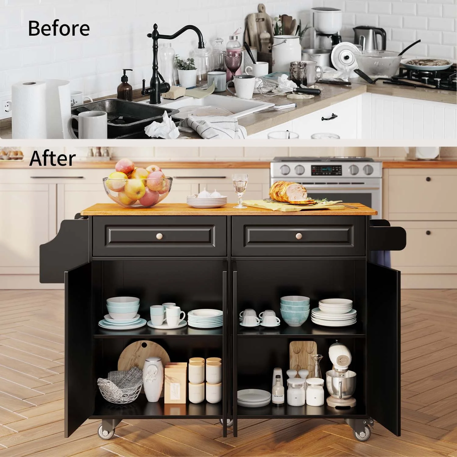 Kitchen Island with Storage, Kitchen Island Cart with Drop Leaf, Black(Black) Image 9