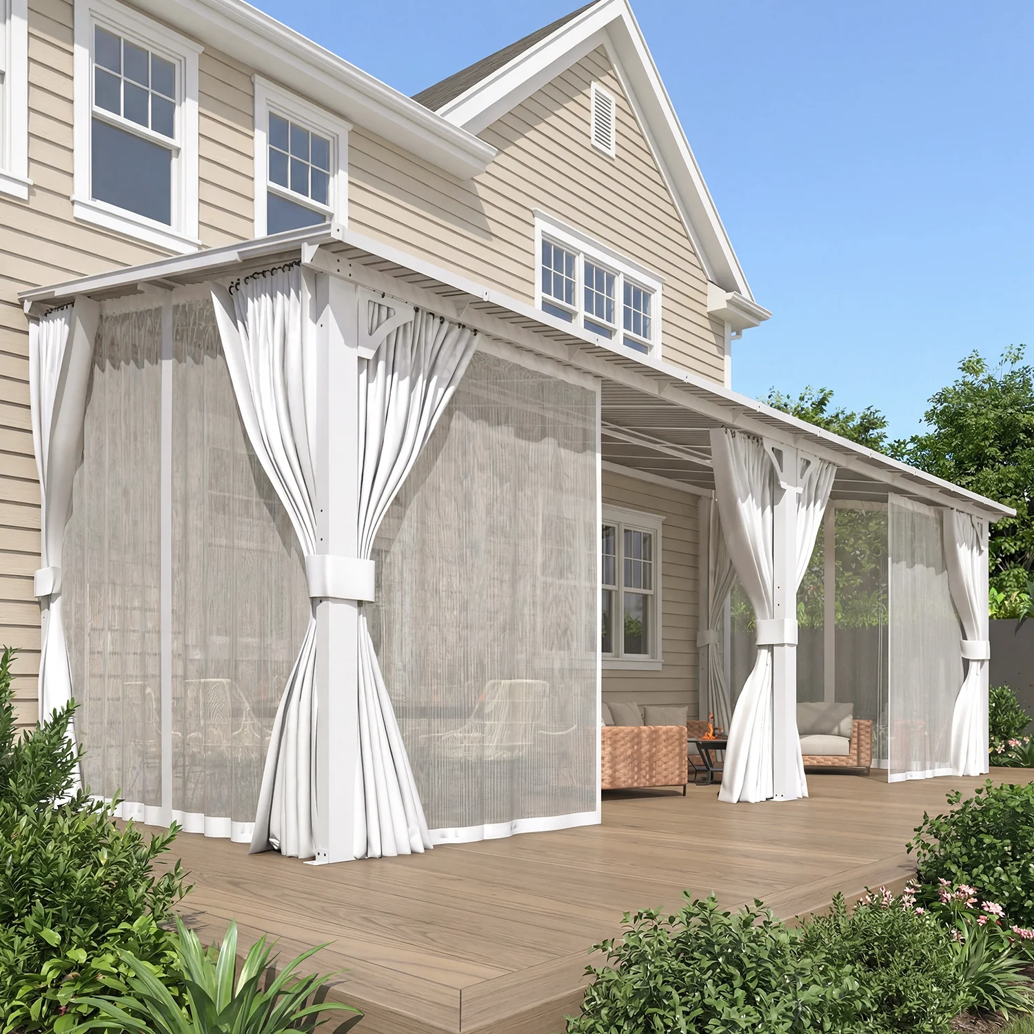 AECOJOY 20'x8' Wall Gazebo with Curtains and Mosquito Netting, White