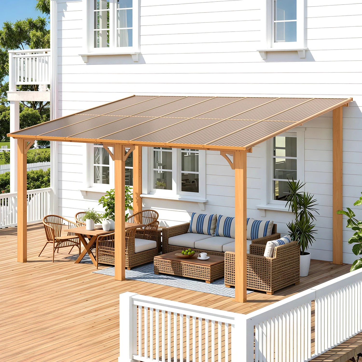 AECOJOY 14'x10' Wall Mounted Gazebos Pergola, Wood Grain