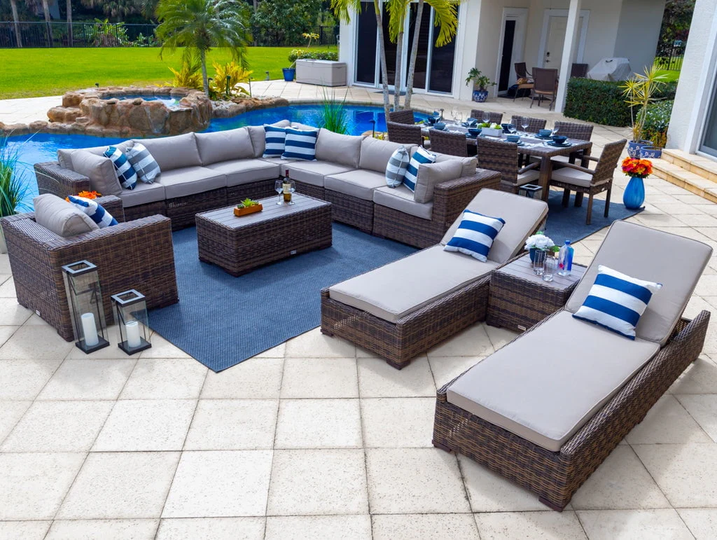 21 Piece Resin Wicker Outdoor Patio Furniture Combination Set with Sectional Set, Eight seat Dining Set, and Chaise Lounge Set (Half Round Brown Wicker, Polyester Light Gray)(Polyester Light Gray) Image 2