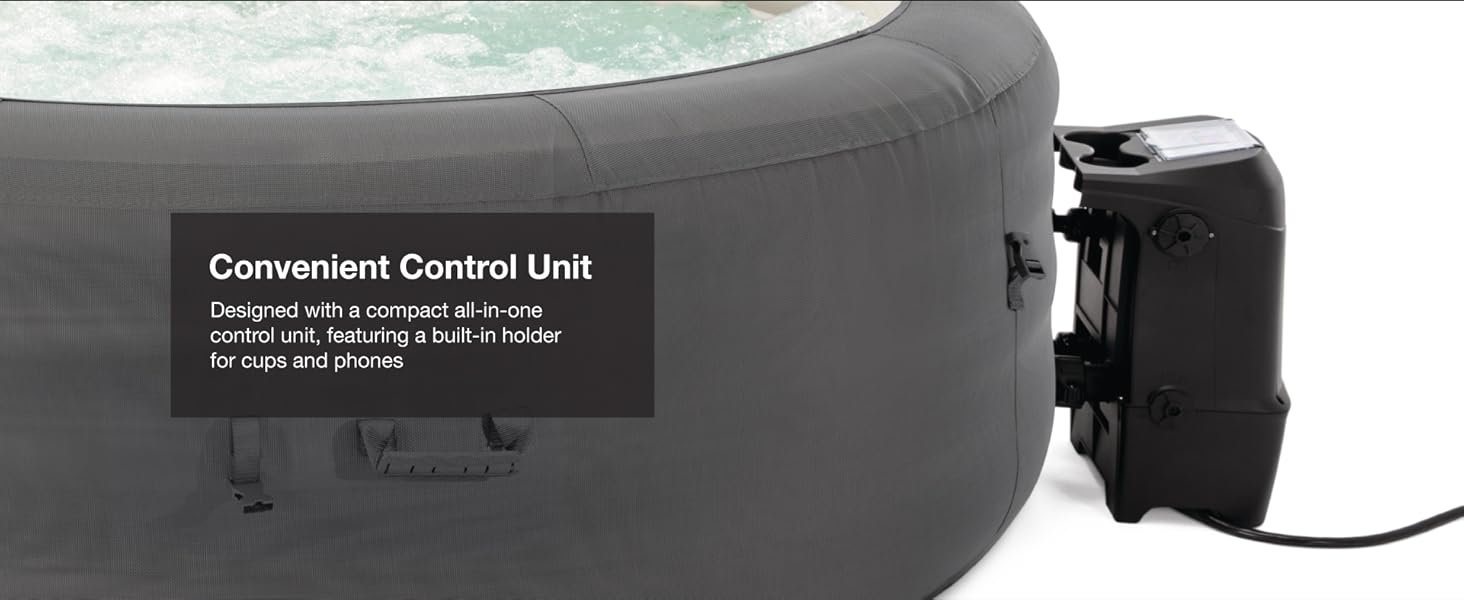 Close-up of spa's control unit with cup holders, attached to the outer wall of the tub.
