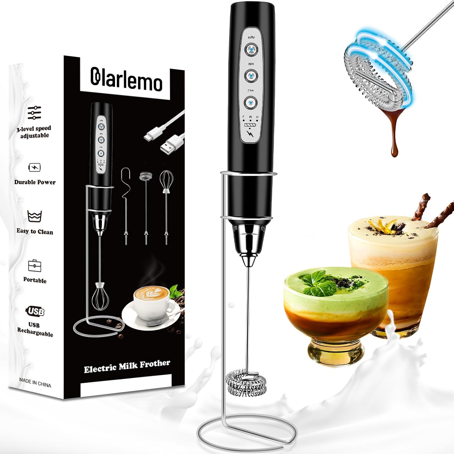 Colarlemo Milk Frother Handheld Rechargeable with Stand, Frother Wand Drink Mixer Electric Whisk for Coffee, Detachable with 3 Stainless Whisks, Hand Mixer for Lattes, Cappuccino, Matcha, Egg, Black