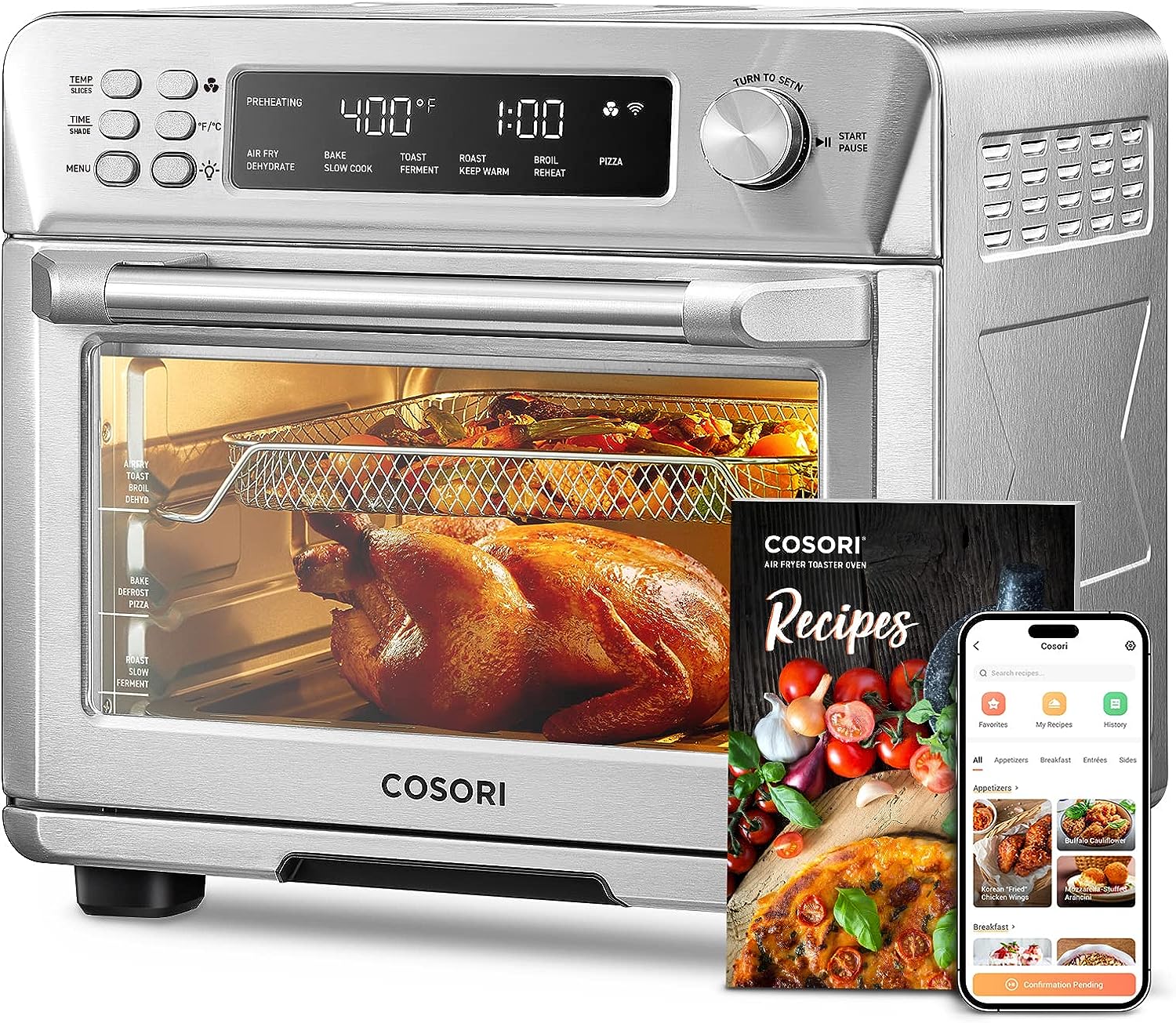 Four grille-pain COSORI avec friteuse à air chaud, 12 en 1, four à convection de 26 pintes (24 L), acier inoxydable, fonctions toast, cuisson et gril, intelligent, 6 tranches de pain grillé, pizza de 12 pouces (30 cm), 75 recettes et accessoires