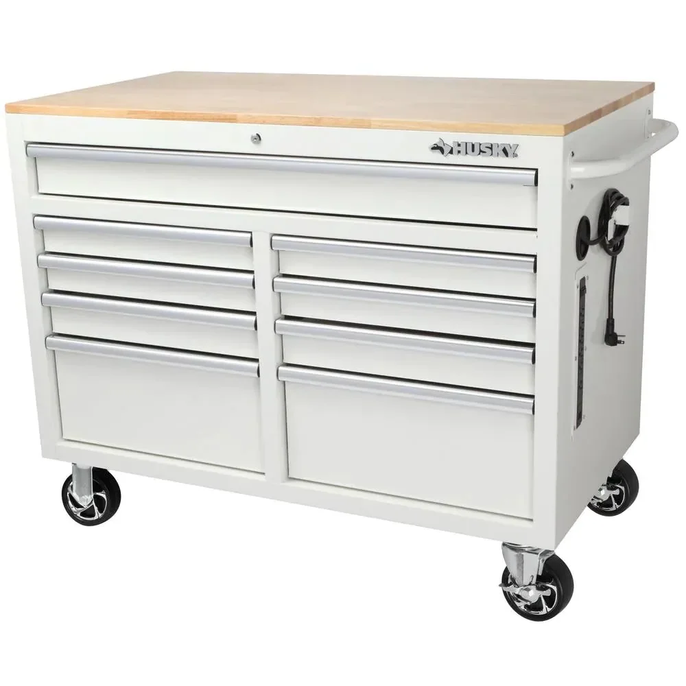 Établi mobile à 9 tiroirs (117 cm L x 62 cm P) avec plateau en bois dur et station d'alimentation – Noir brillant