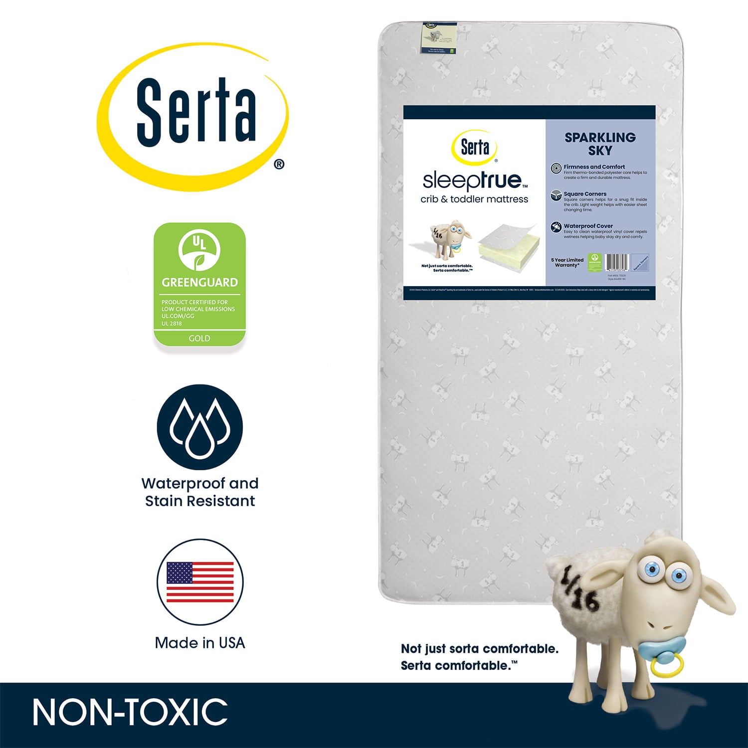 SleepTrue Sparkling Sky 5 Dual-Sided Crib & Toddler Mattress - Sustainably Sourced Fiber Core - Waterproof - Lightweight - GREENGUARD Gold Certified - 5 Year Warranty