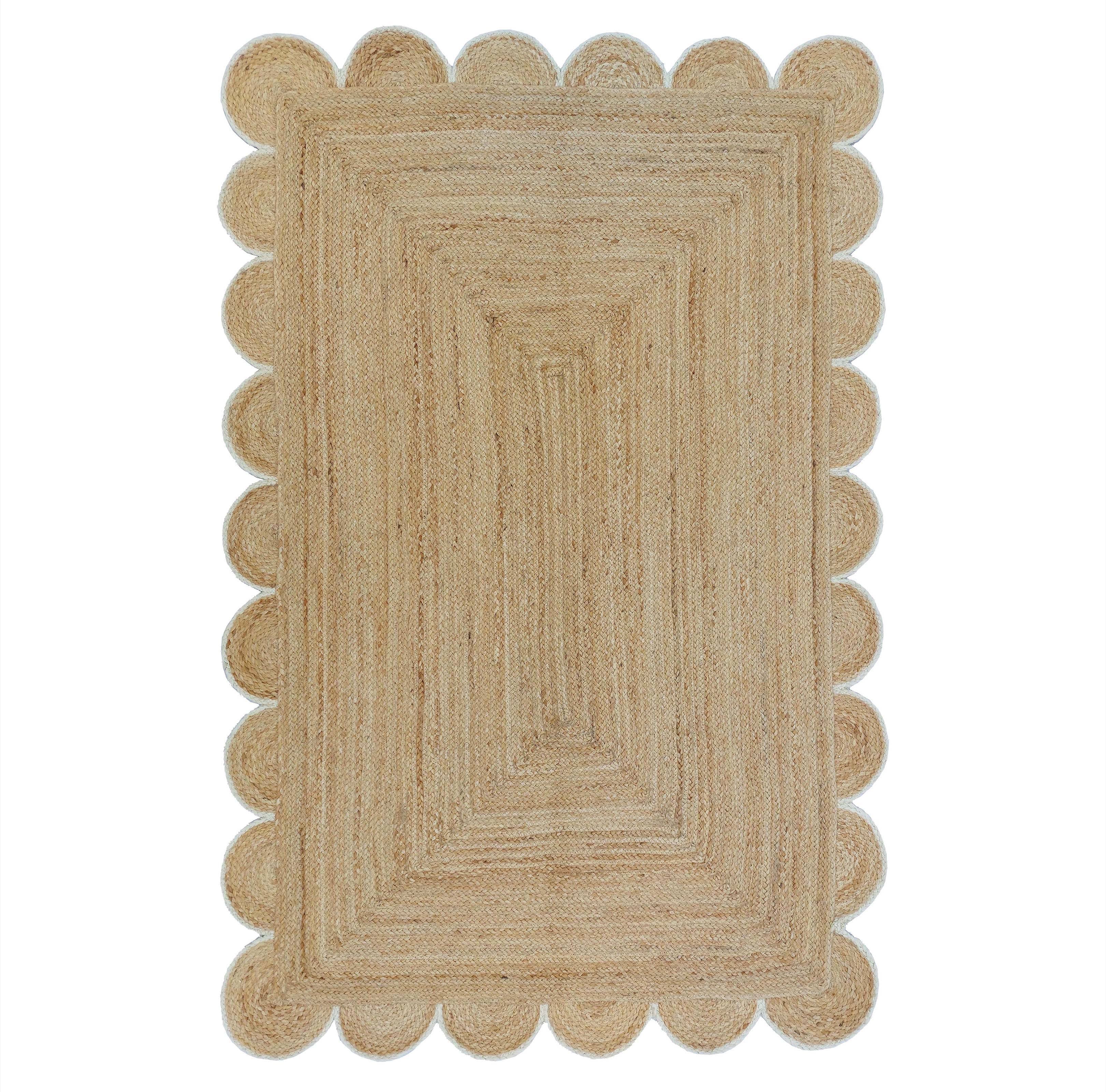 Weaving Village Scalloped Natural Jute Area Rug, Off White Trim, 2'x3'
