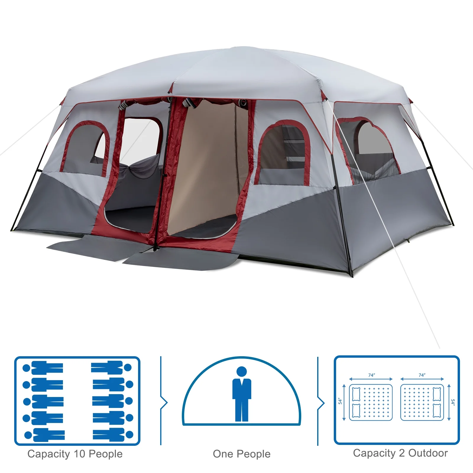 10 Person Tent Large Multi Room Tent for Family Camping Cabin Huge Tent with Carry Bag(Gray White) - Image 8
