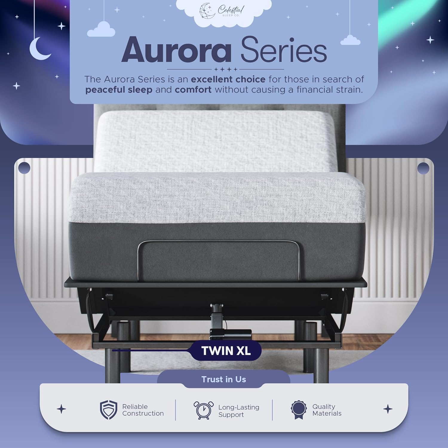 Celestial Aurora Adjustable Bed Base (Frame) + 12 inch Gel Memory Foam Mattress (Medium Soft), Easy Assembly, Head and Foot Lift, Zero Gravity, Memory Positions, CertiPUR-US Bed - TwinXL